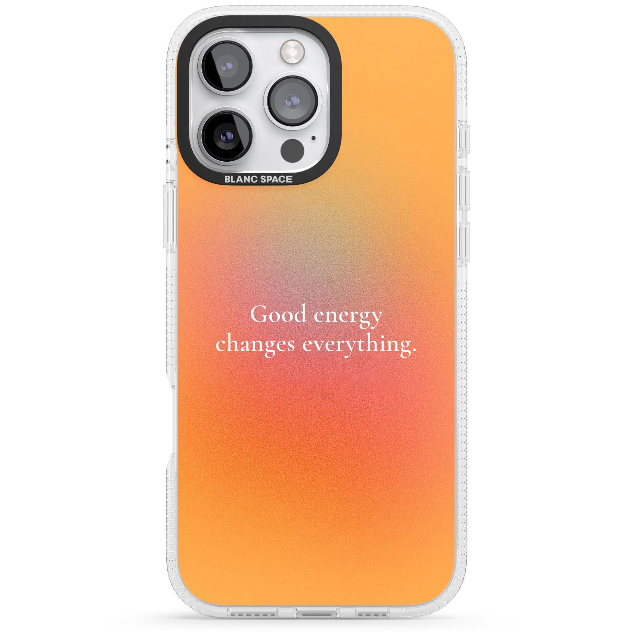 Good Energy quote iPhone case featuring an orange and pink aura gradient with white serif affirmation text | Clear Case Impact Air case for iPhone 16 Pro, iPhone 16 Pro Max