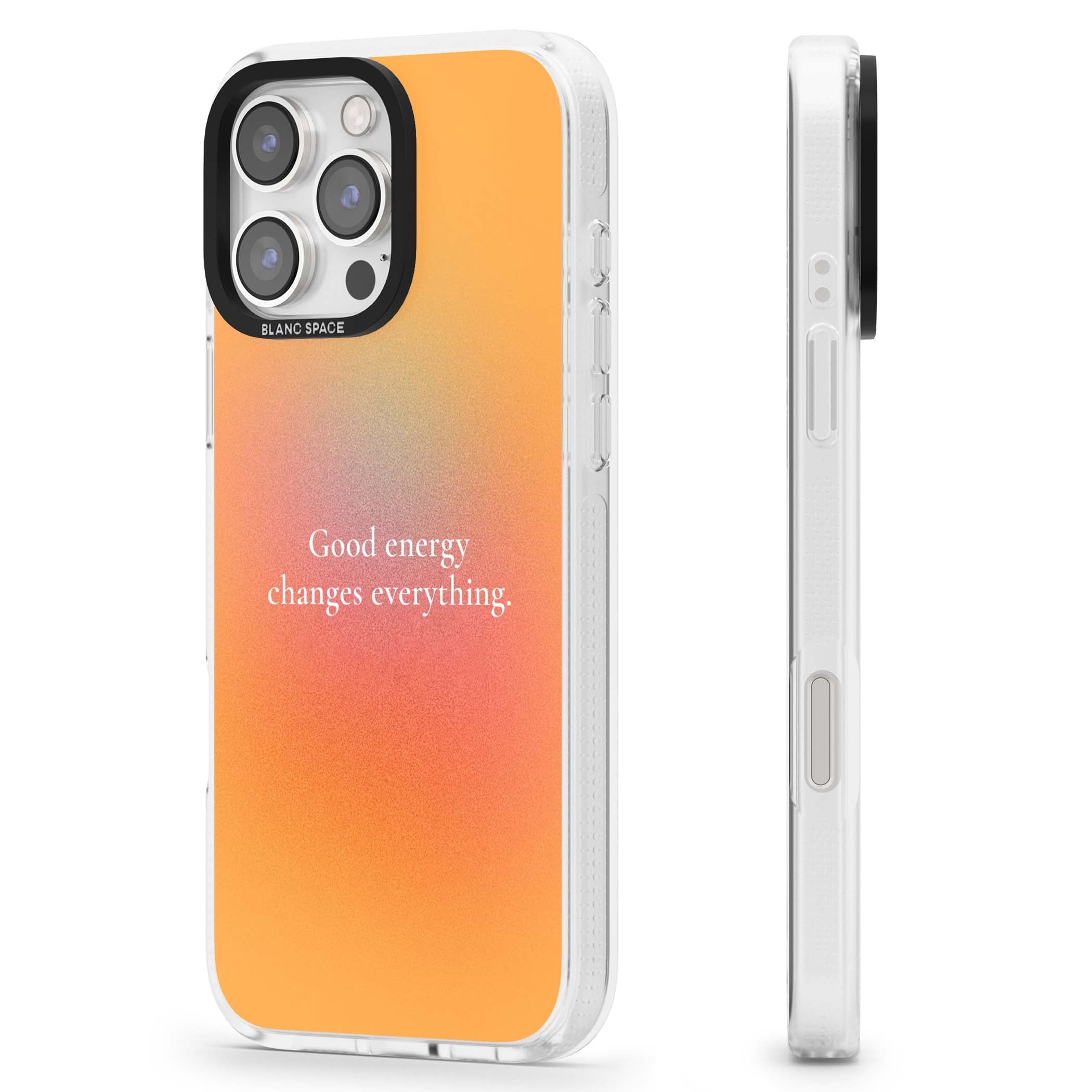 Good Energy quote iPhone case featuring an orange and pink aura gradient with white serif affirmation text | Clear Case Impact Air case for iPhone 16 Pro, iPhone 16 Pro Max
