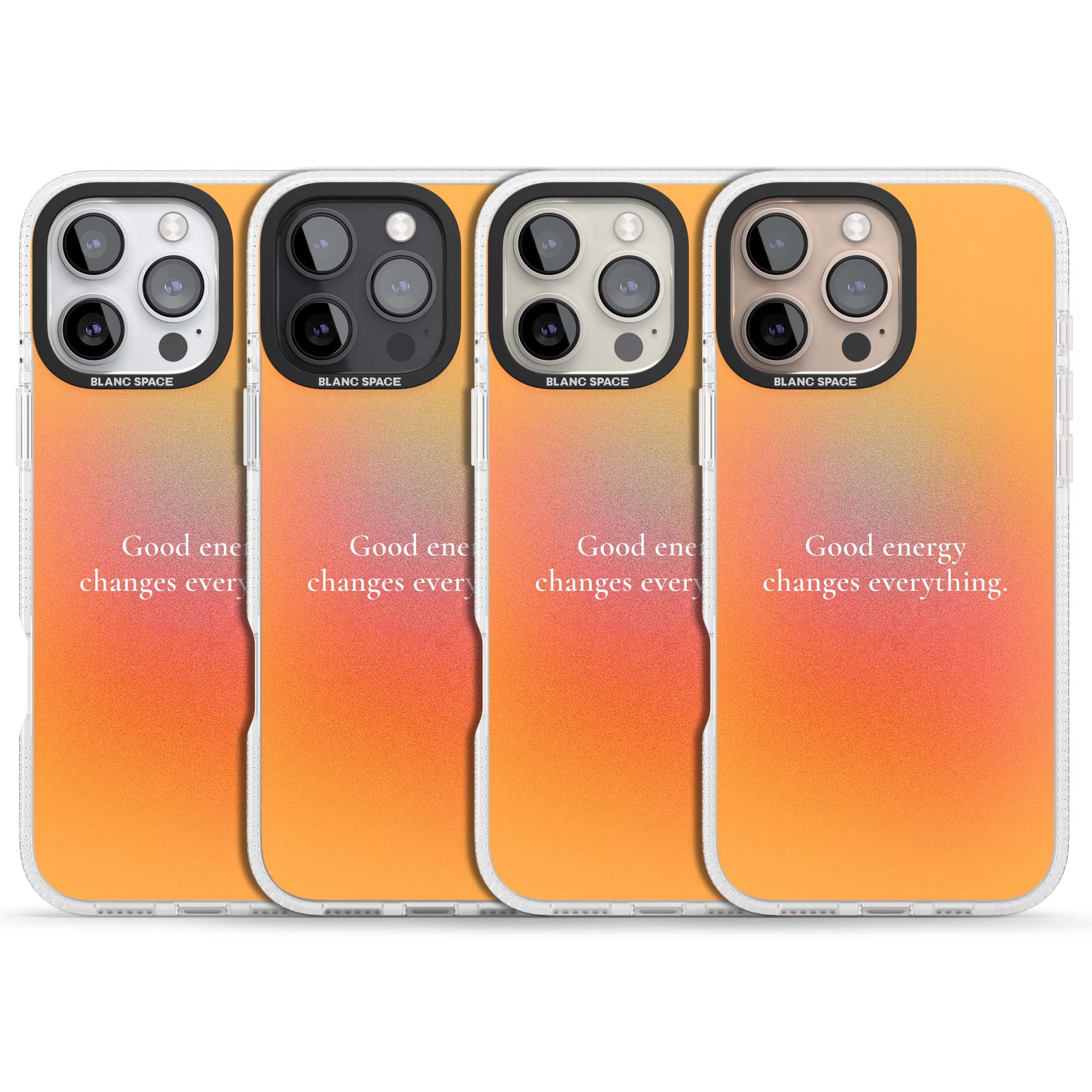 Good Energy quote iPhone case featuring an orange and pink aura gradient with white serif affirmation text | Clear Case Impact Air case for iPhone 16 Pro, iPhone 16 Pro Max