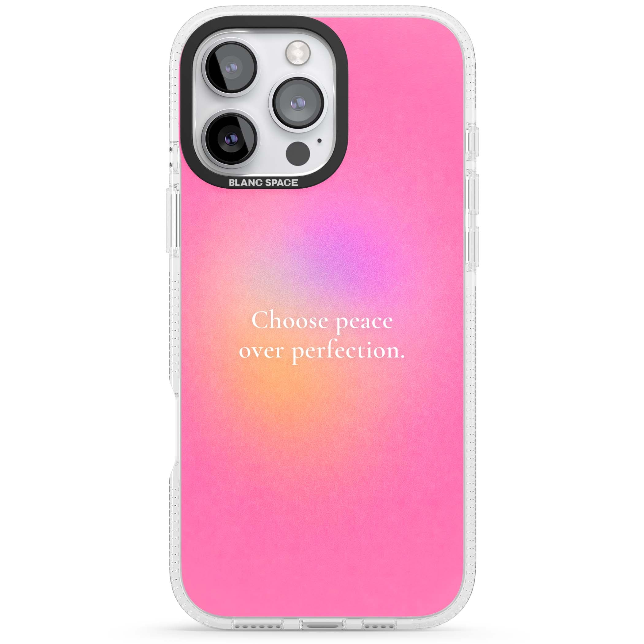 Peace Over Perfection quote iPhone case featuring a dreamy pink aura gradient and delicate white affirmation text | Clear Case Impact Air case for iPhone 16 Pro, iPhone 16 Pro Max
