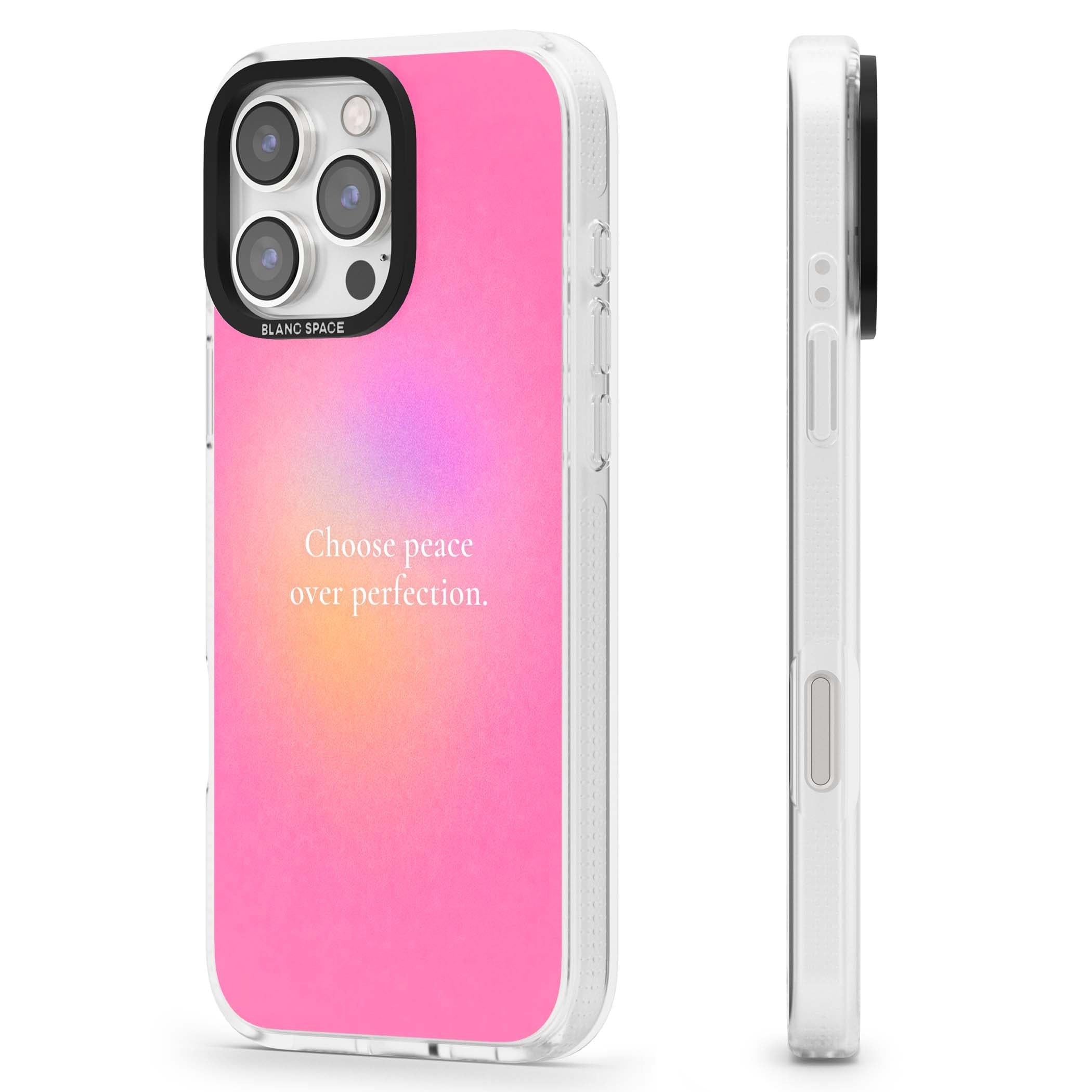 Peace Over Perfection quote iPhone case featuring a dreamy pink aura gradient and delicate white affirmation text | Clear Case Impact Air case for iPhone 16 Pro, iPhone 16 Pro Max