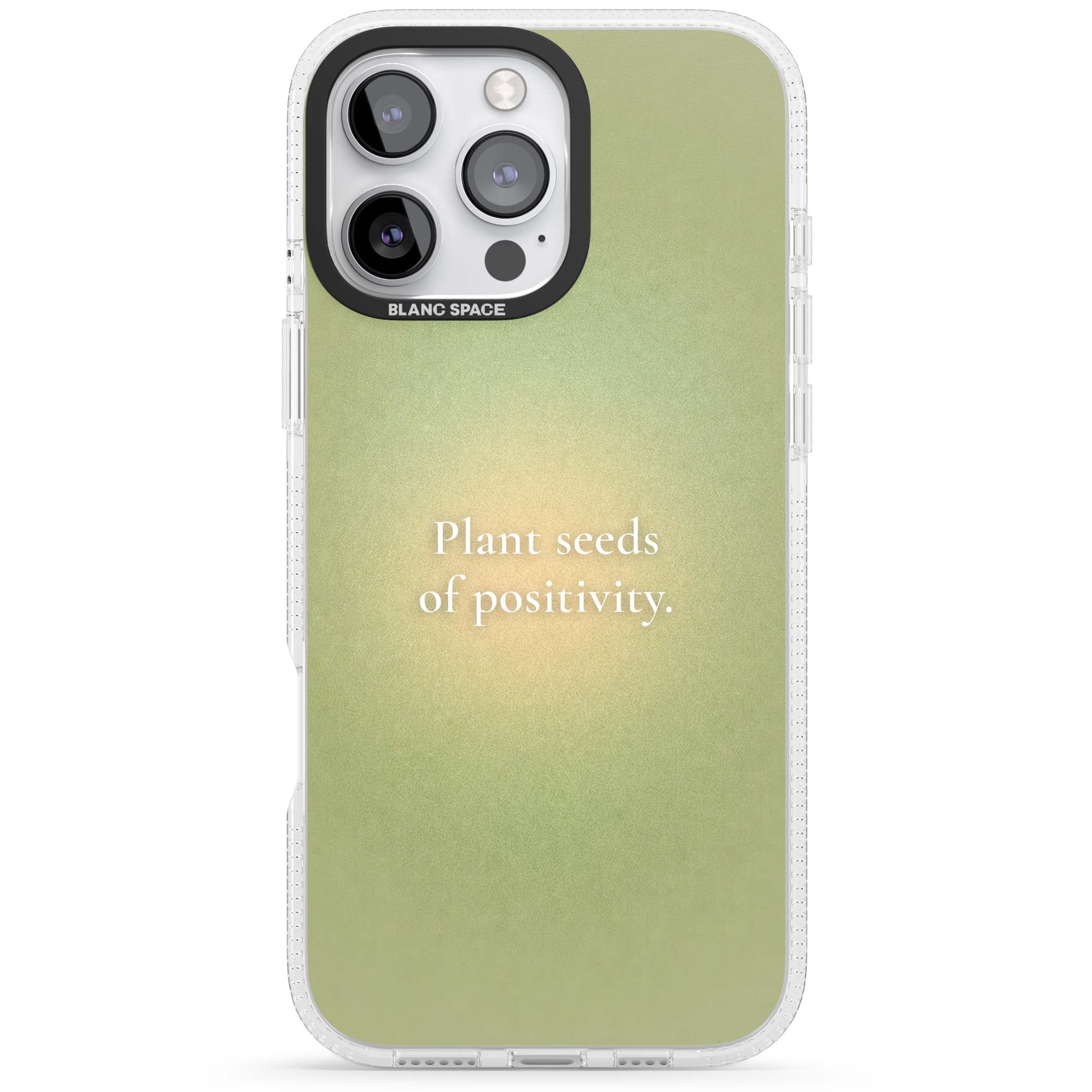 Seeds of Positivity quote iPhone case featuring a sage green aura gradient and golden glow affirmation | Clear Case Impact Air case for iPhone 16 Pro, iPhone 16 Pro Max