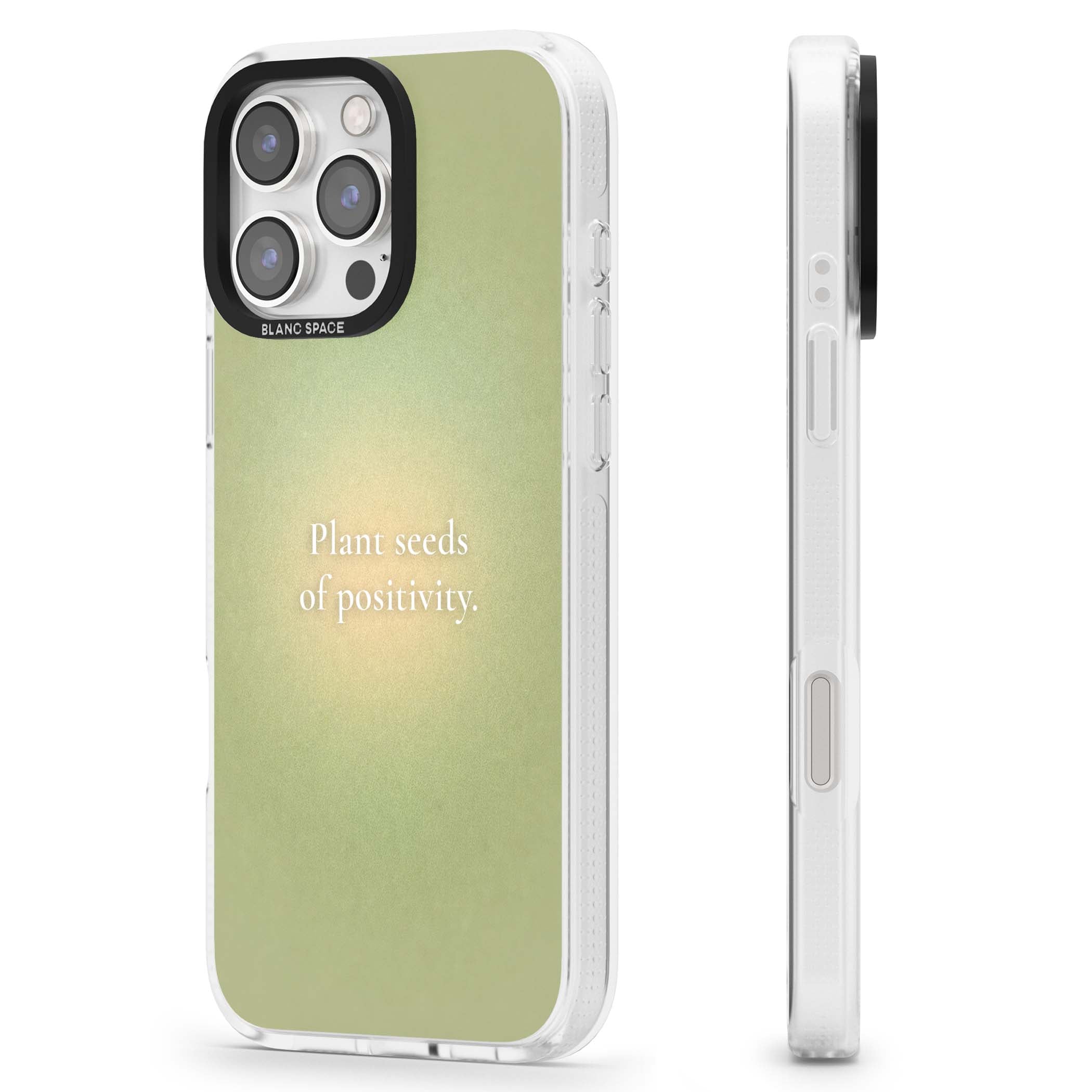 Seeds of Positivity quote iPhone case featuring a sage green aura gradient and golden glow affirmation | Clear Case Impact Air case for iPhone 16 Pro, iPhone 16 Pro Max