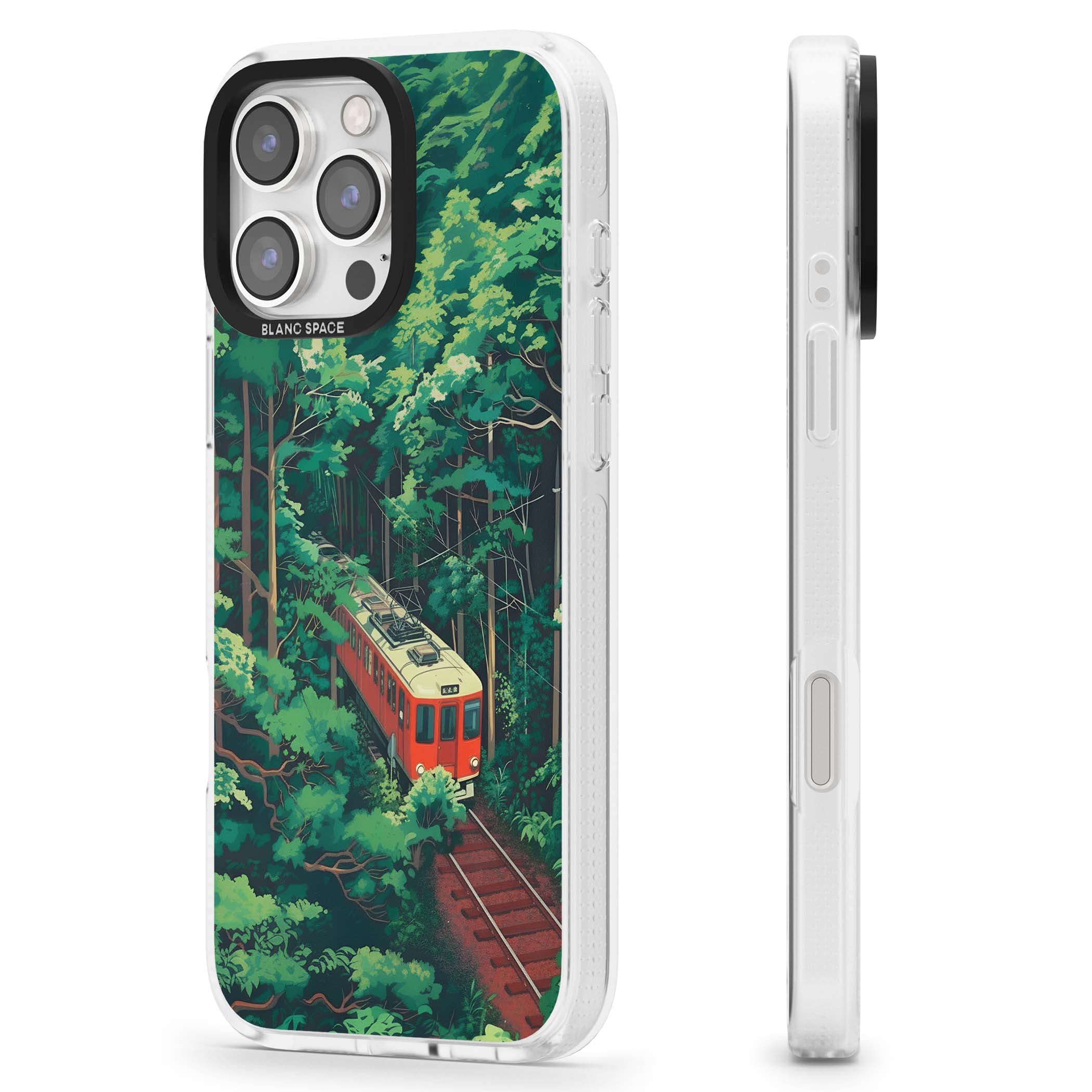 Railway In Toyama Japanese iPhone case featuring a red train, cedar forest and winding mountain railway tracks | Clear Case Impact Air case for iPhone 16 Pro, iPhone 16 Pro Max