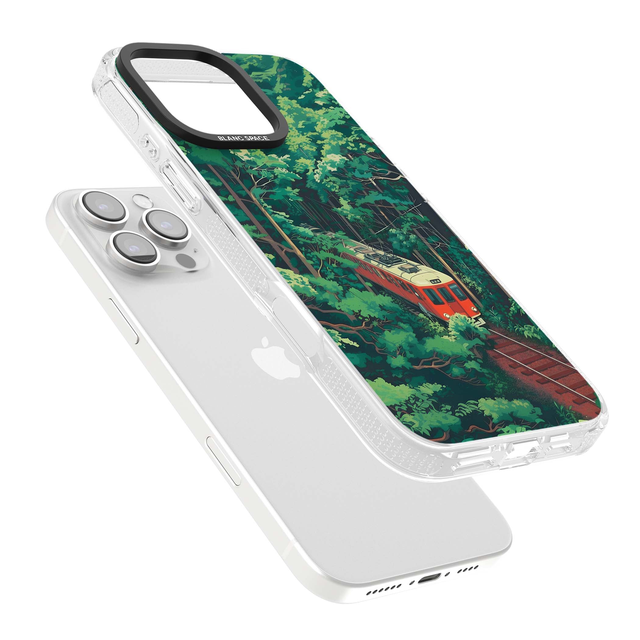 Railway In Toyama Japanese iPhone case featuring a red train, cedar forest and winding mountain railway tracks | Clear Case Impact Air case for iPhone 16 Pro, iPhone 16 Pro Max
