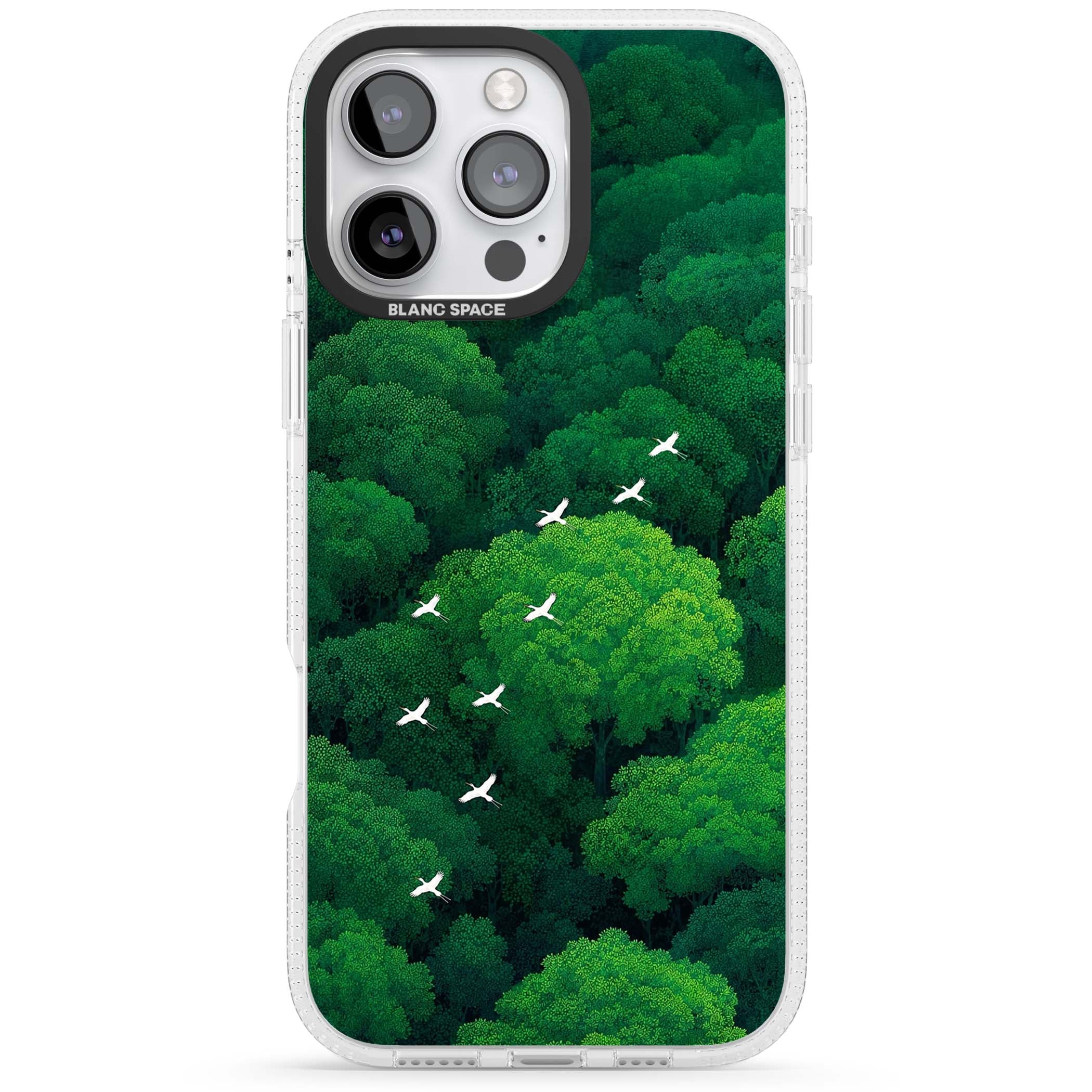 Grove Migration forest iPhone case featuring white cranes flying over lush green treetop canopy | Clear Case Impact Air case for iPhone 16 Pro, iPhone 16 Pro Max