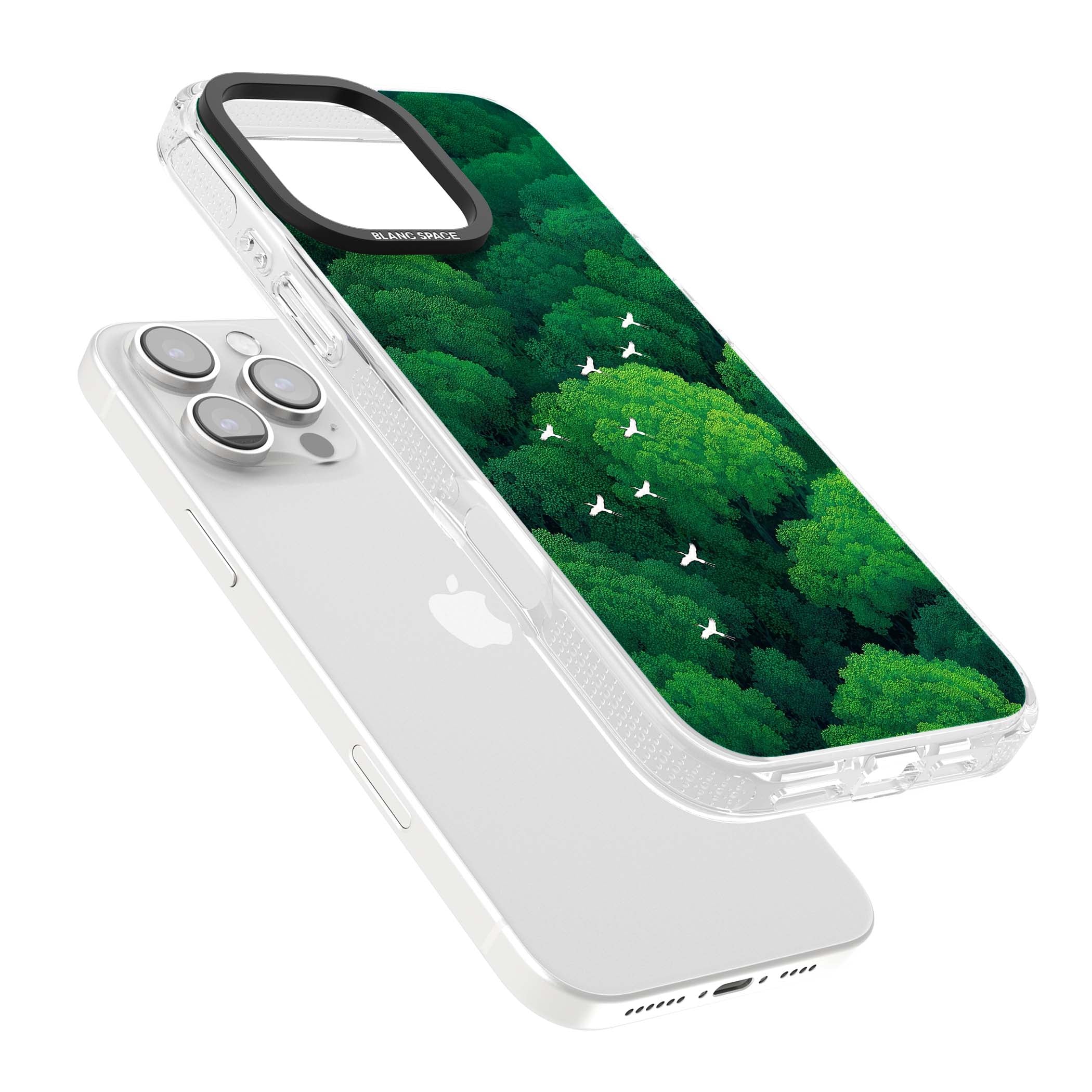 Grove Migration forest iPhone case featuring white cranes flying over lush green treetop canopy | Clear Case Impact Air case for iPhone 16 Pro, iPhone 16 Pro Max