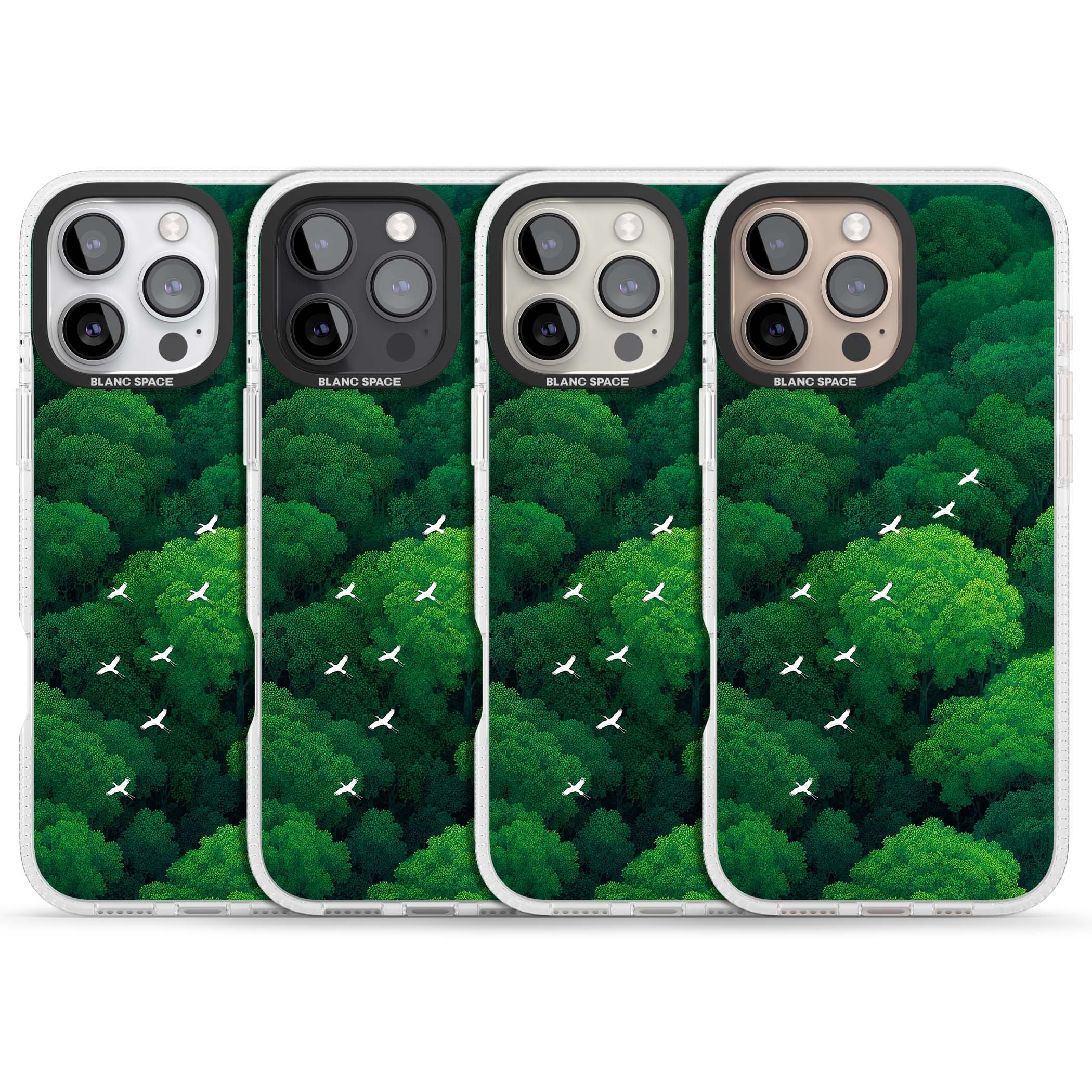 Grove Migration forest iPhone case featuring white cranes flying over lush green treetop canopy | Clear Case Impact Air case for iPhone 16 Pro, iPhone 16 Pro Max