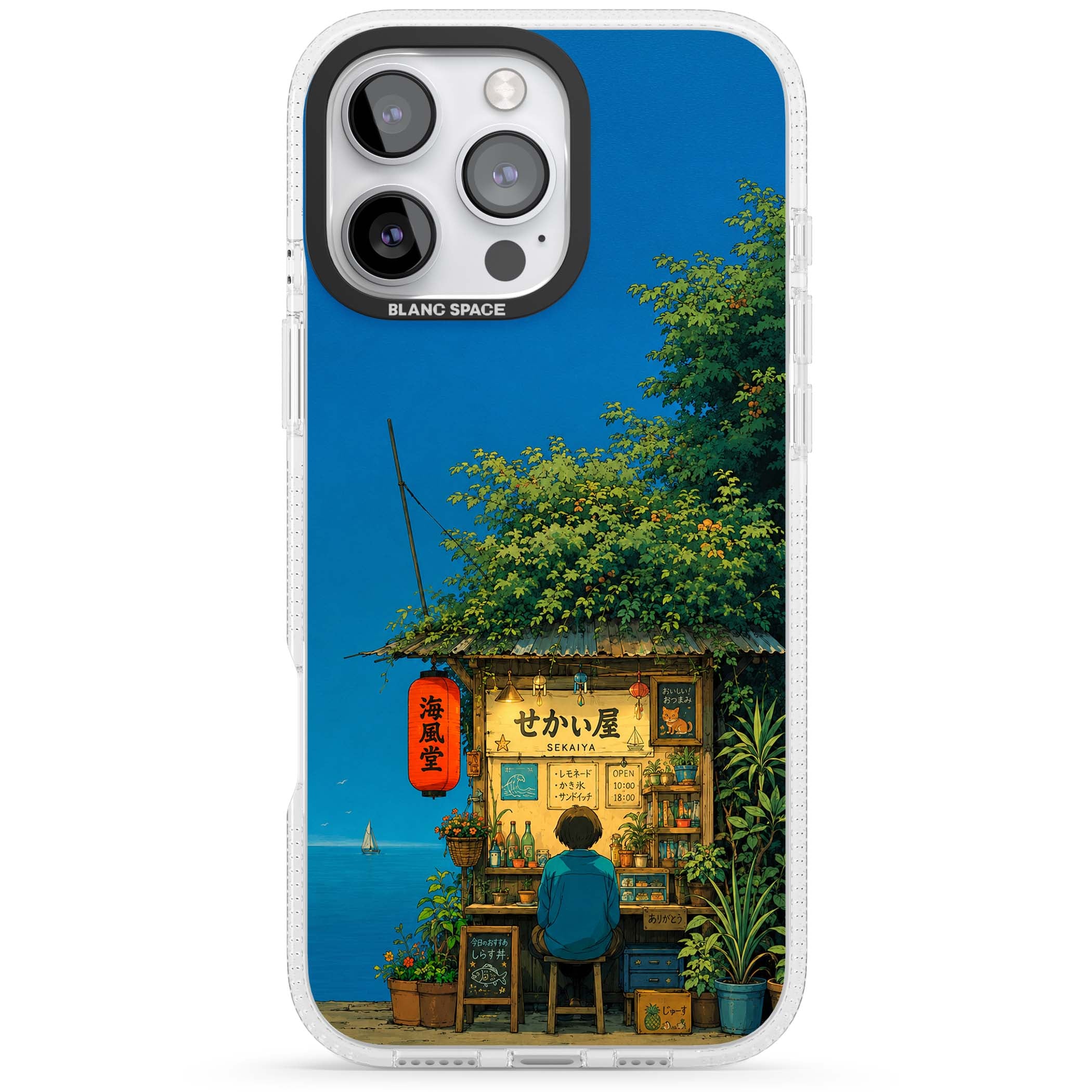The Shirahama Kiosk anime iPhone case featuring a Japanese seaside shop, red paper lantern and ocean view | Clear Case Impact Air case for iPhone 16 Pro, iPhone 16 Pro Max