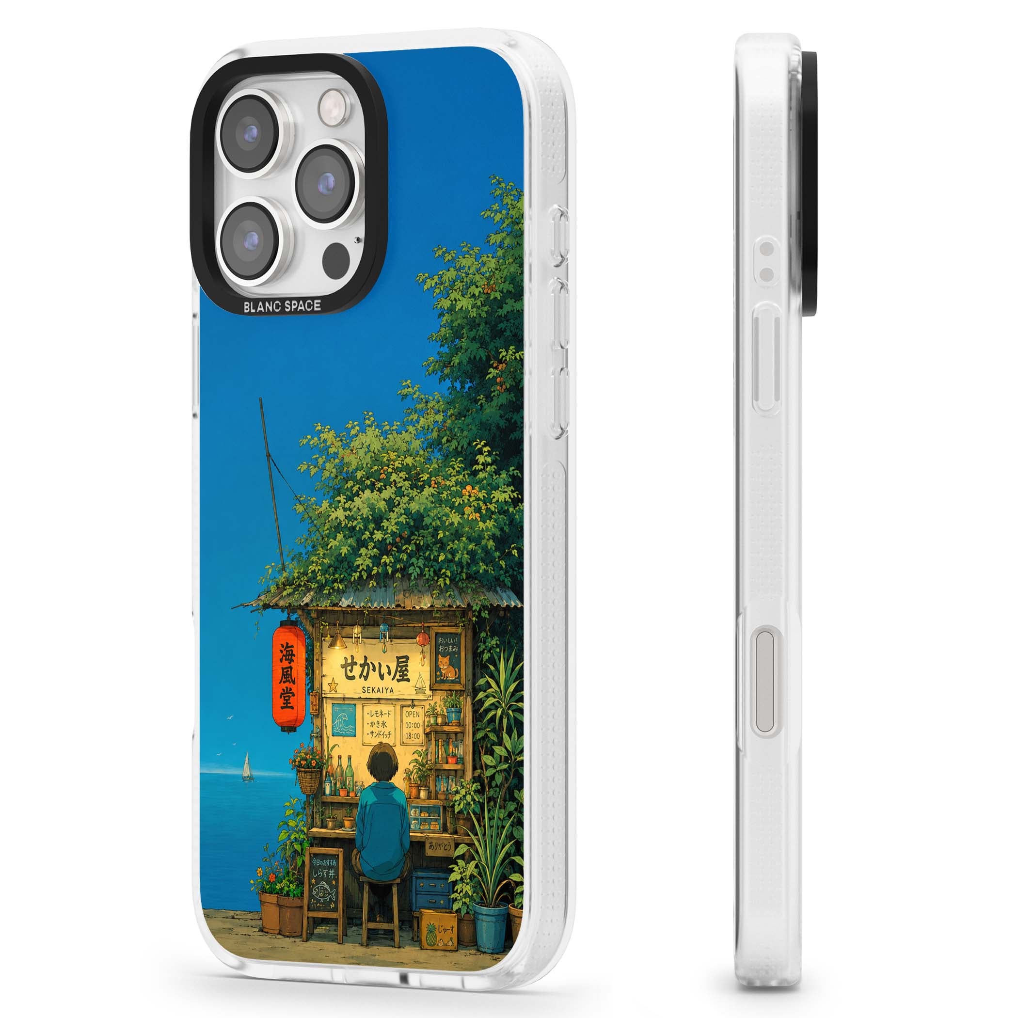 The Shirahama Kiosk anime iPhone case featuring a Japanese seaside shop, red paper lantern and ocean view | Clear Case Impact Air case for iPhone 16 Pro, iPhone 16 Pro Max
