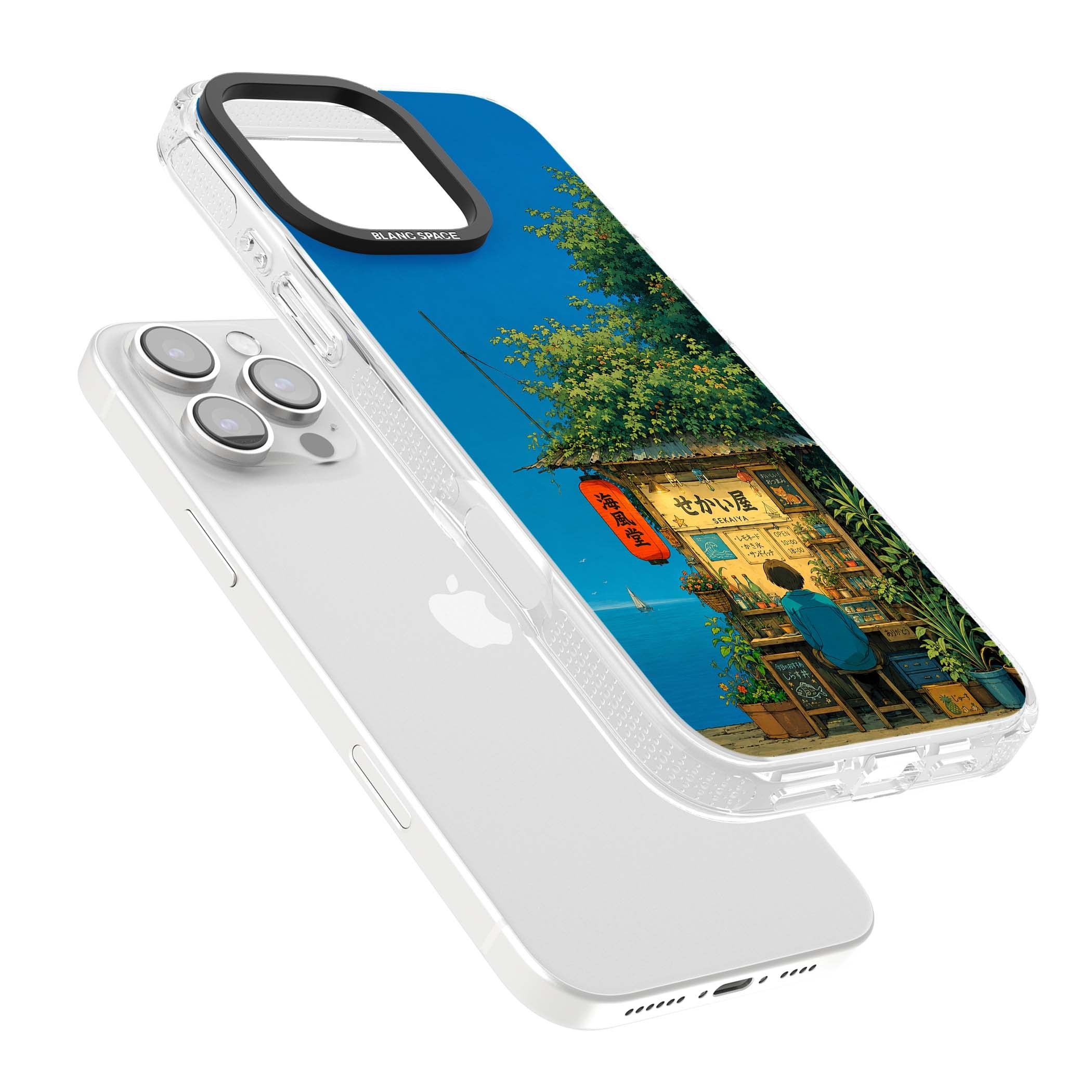The Shirahama Kiosk anime iPhone case featuring a Japanese seaside shop, red paper lantern and ocean view | Clear Case Impact Air case for iPhone 16 Pro, iPhone 16 Pro Max