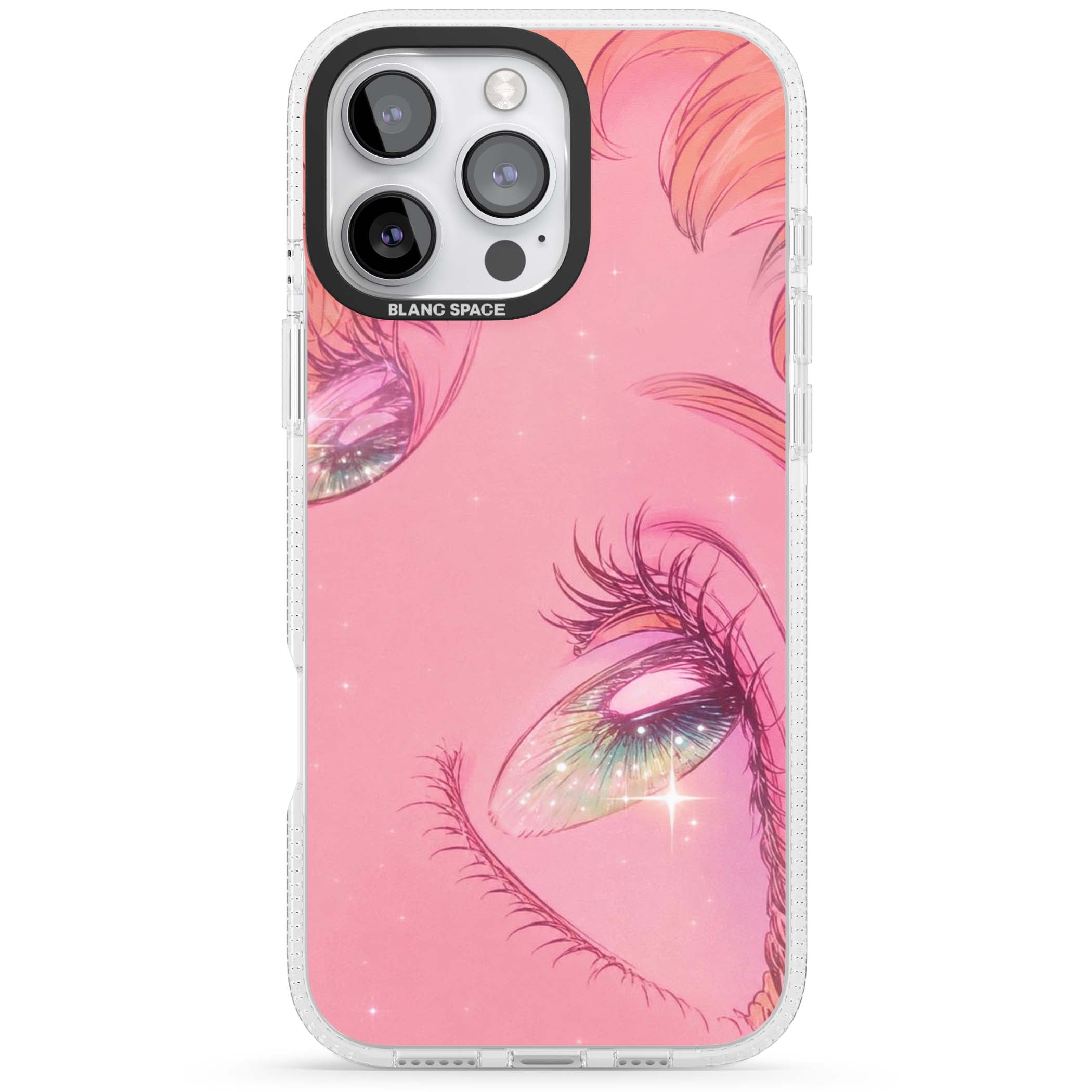 Pink Ethereal Gaze anime iPhone case featuring sparkling manga eyes, coral lashes and dreamy peach sky | Clear Case Impact Air case for iPhone 16 Pro, iPhone 16 Pro Max