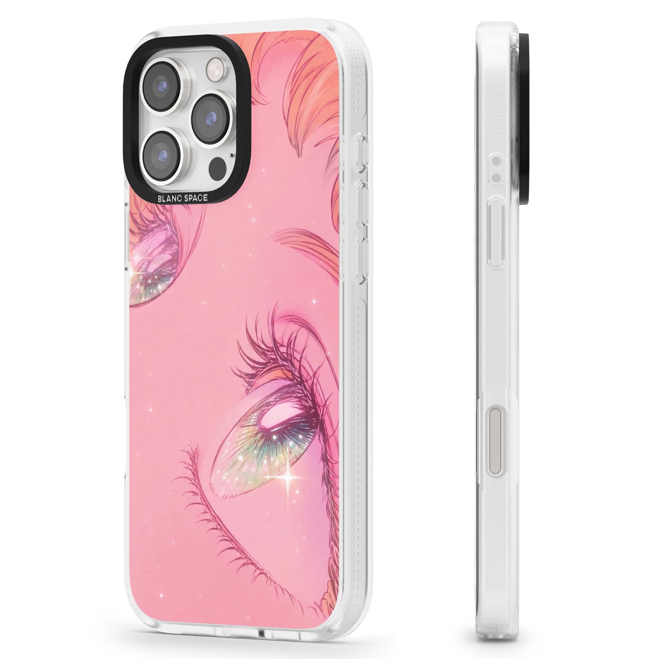 Pink Ethereal Gaze anime iPhone case featuring sparkling manga eyes, coral lashes and dreamy peach sky | Clear Case Impact Air case for iPhone 16 Pro, iPhone 16 Pro Max