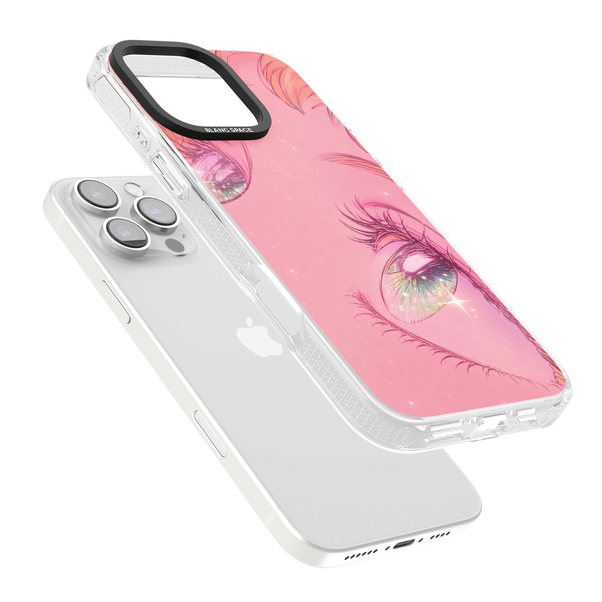 Pink Ethereal Gaze anime iPhone case featuring sparkling manga eyes, coral lashes and dreamy peach sky | Clear Case Impact Air case for iPhone 16 Pro, iPhone 16 Pro Max