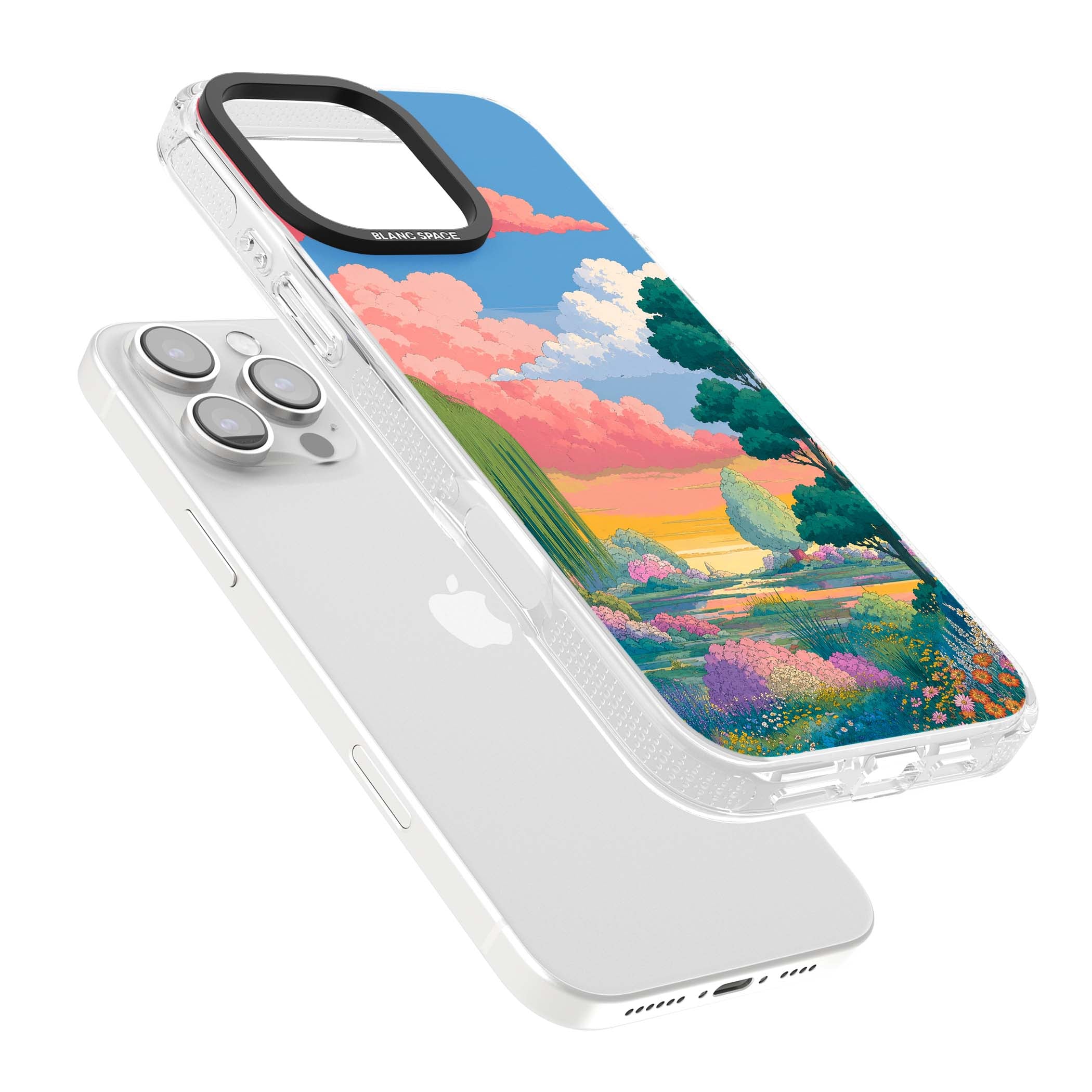 Dream Valley anime landscape iPhone case featuring pink sunset clouds, willow trees and wildflowers | Clear Case Impact Air case for iPhone 16 Pro, iPhone 16 Pro Max