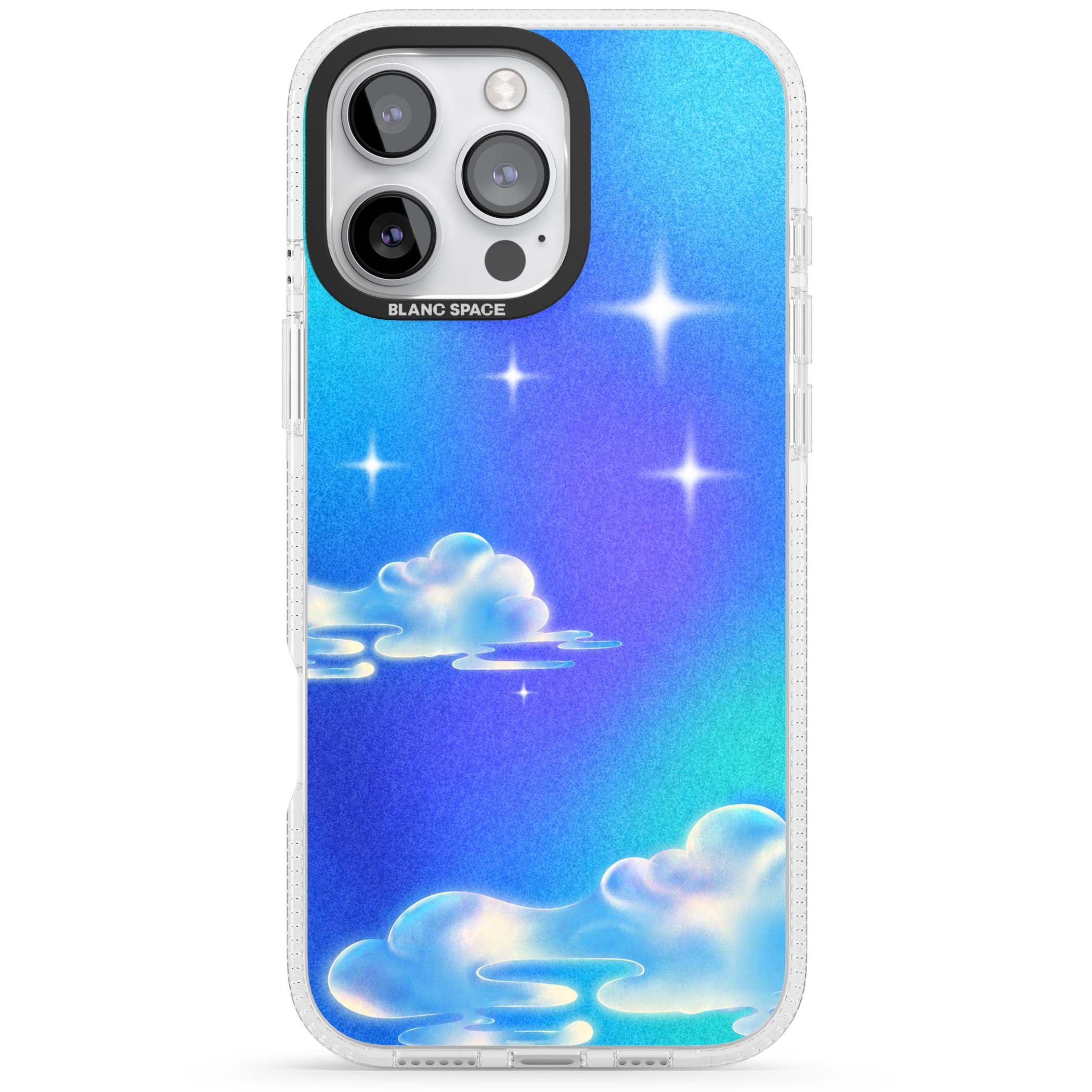 Aurora celestial iPhone case featuring dreamy iridescent clouds, sparkling stars and pastel blue purple sky | Clear Case Impact Air case for iPhone 16 Pro, iPhone 16 Pro Max