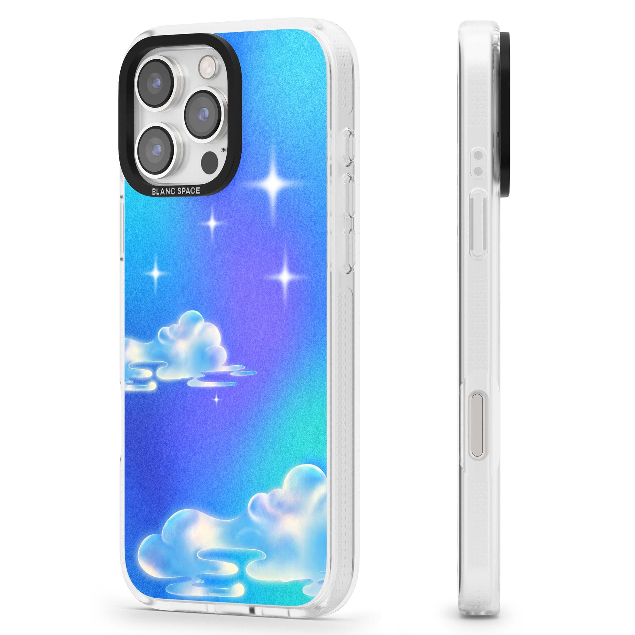 Aurora celestial iPhone case featuring dreamy iridescent clouds, sparkling stars and pastel blue purple sky | Clear Case Impact Air case for iPhone 16 Pro, iPhone 16 Pro Max