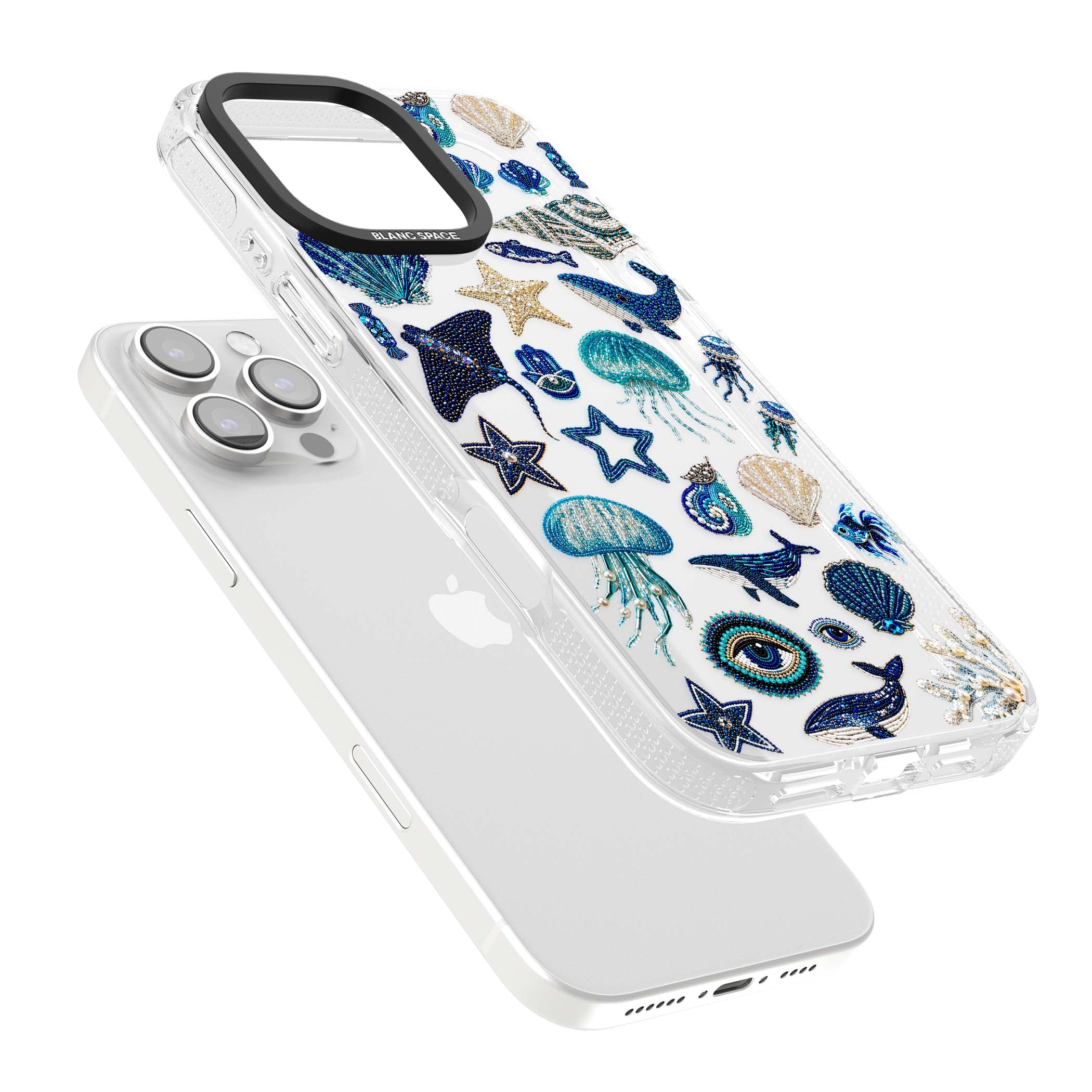 Beaded Coastal coastal iPhone case featuring embroidered seashells, jellyfish and a blue whale on clear | Clear Case Impact Air case for iPhone 16 Pro, iPhone 16 Pro Max