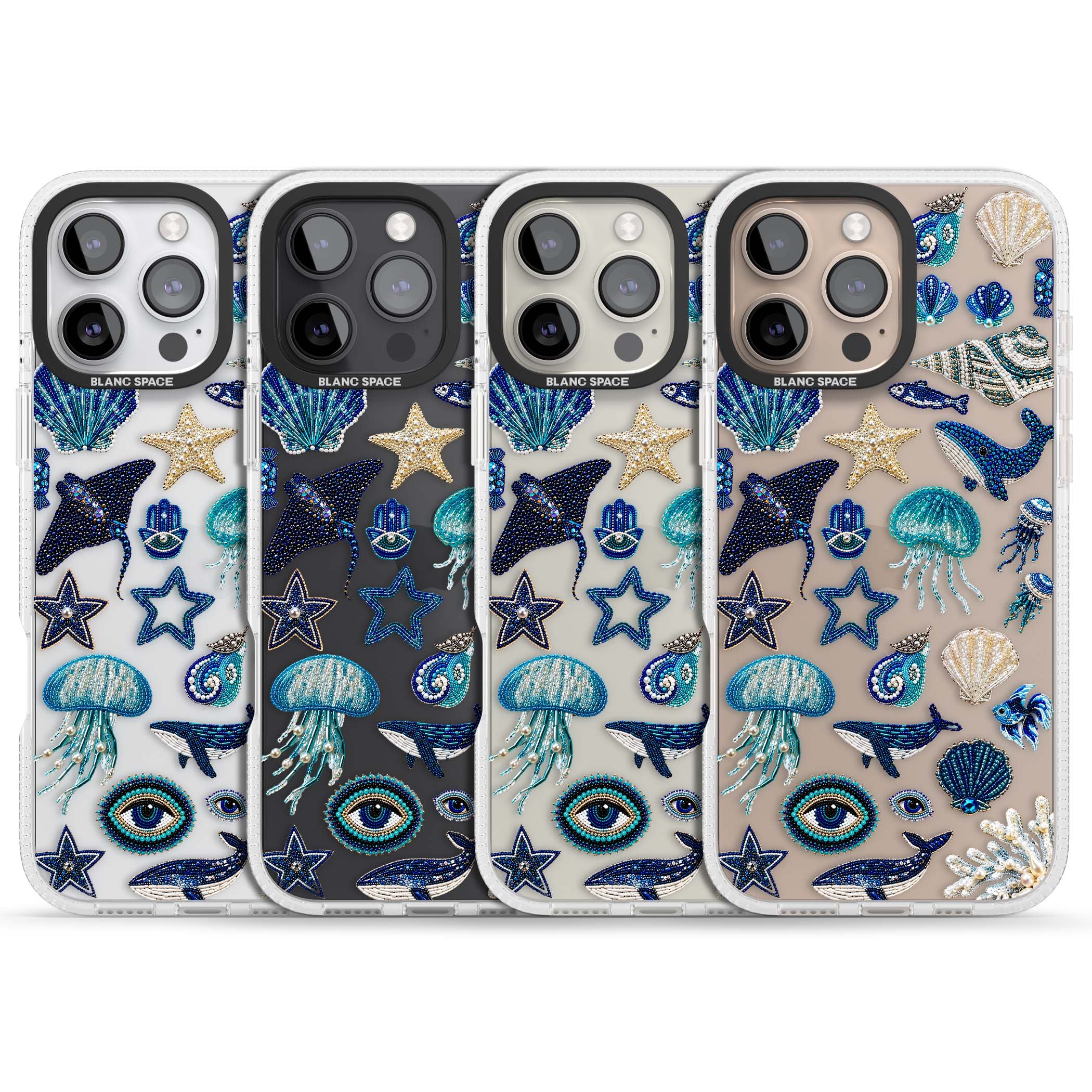 Beaded Coastal coastal iPhone case featuring embroidered seashells, jellyfish and a blue whale on clear | Clear Case Impact Air case for iPhone 16 Pro, iPhone 16 Pro Max