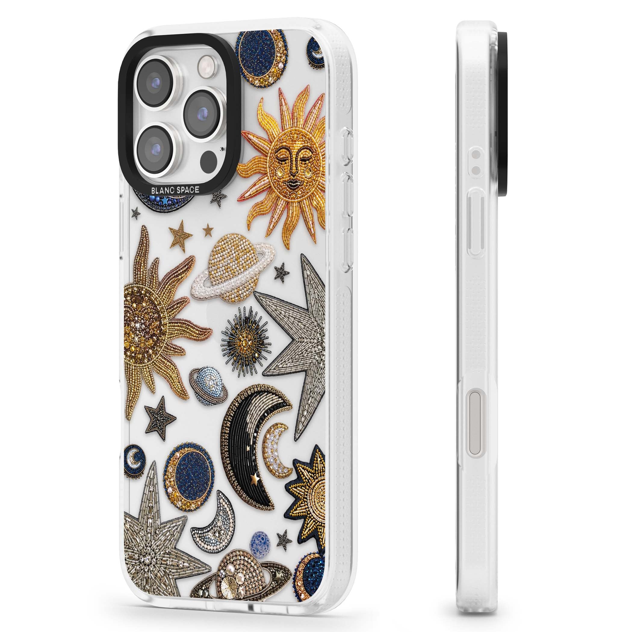 Beaded Cosmos celestial iPhone case featuring embroidered golden suns, beaded planets and silver shooting stars | Clear Case Impact Air case for iPhone 16 Pro, iPhone 16 Pro Max
