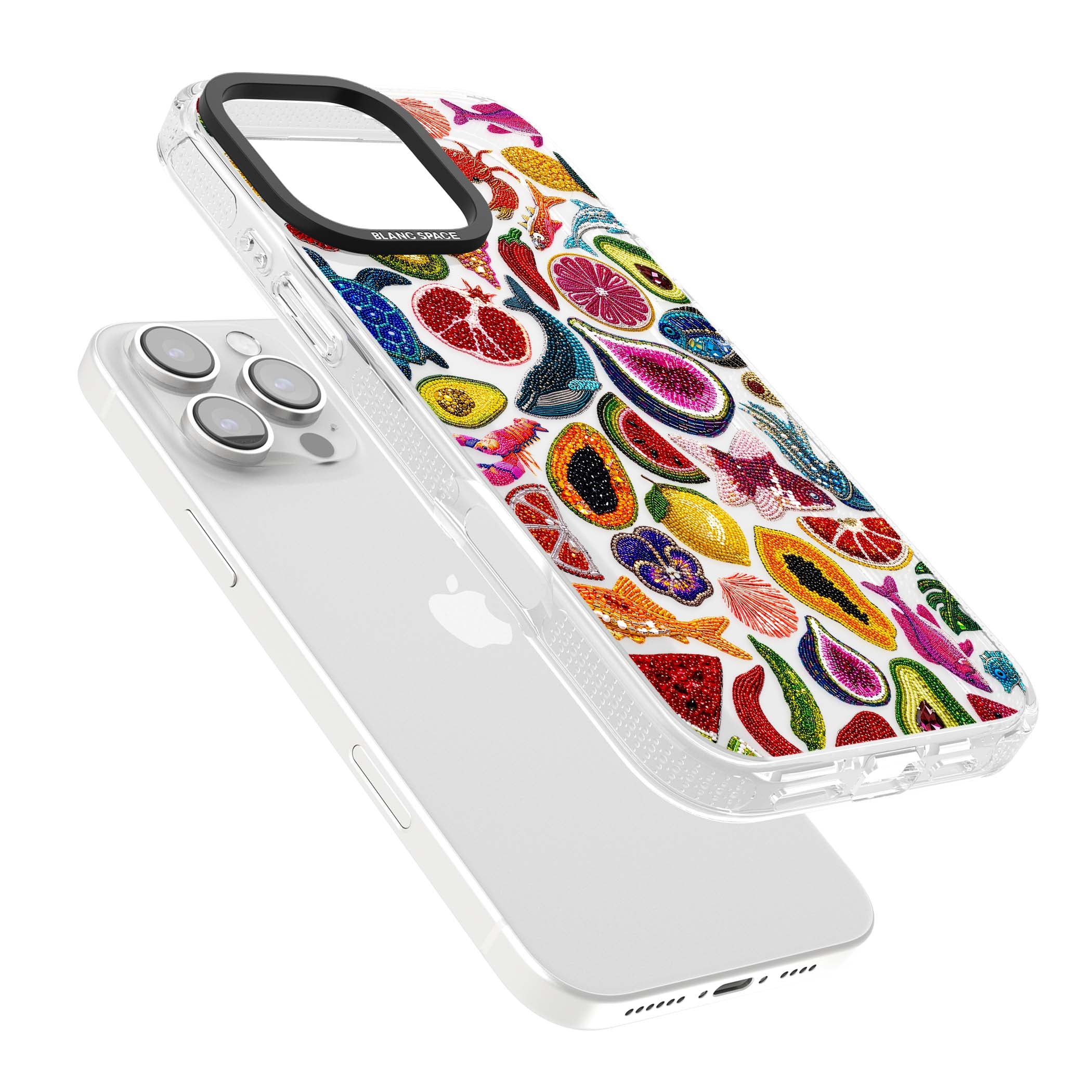 Beaded Tropic tropical iPhone case featuring beaded fruit, fish, crabs and seashells in vibrant colour | Clear Case Impact Air case for iPhone 16 Pro, iPhone 16 Pro Max