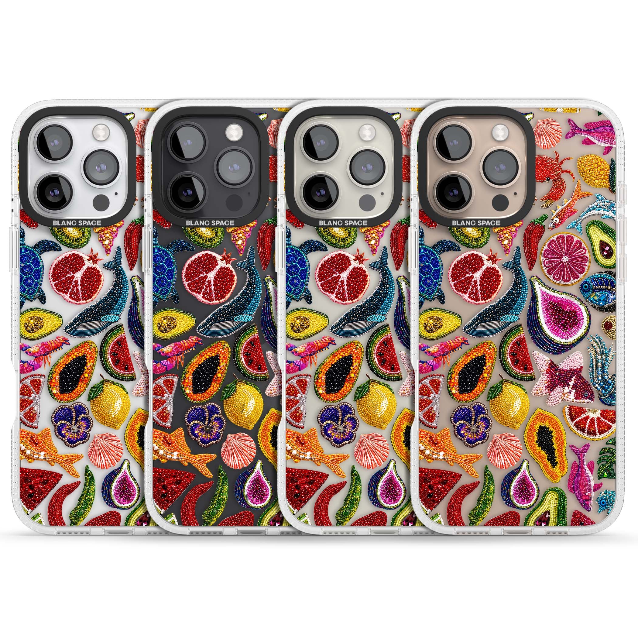 Beaded Tropic tropical iPhone case featuring beaded fruit, fish, crabs and seashells in vibrant colour | Clear Case Impact Air case for iPhone 16 Pro, iPhone 16 Pro Max