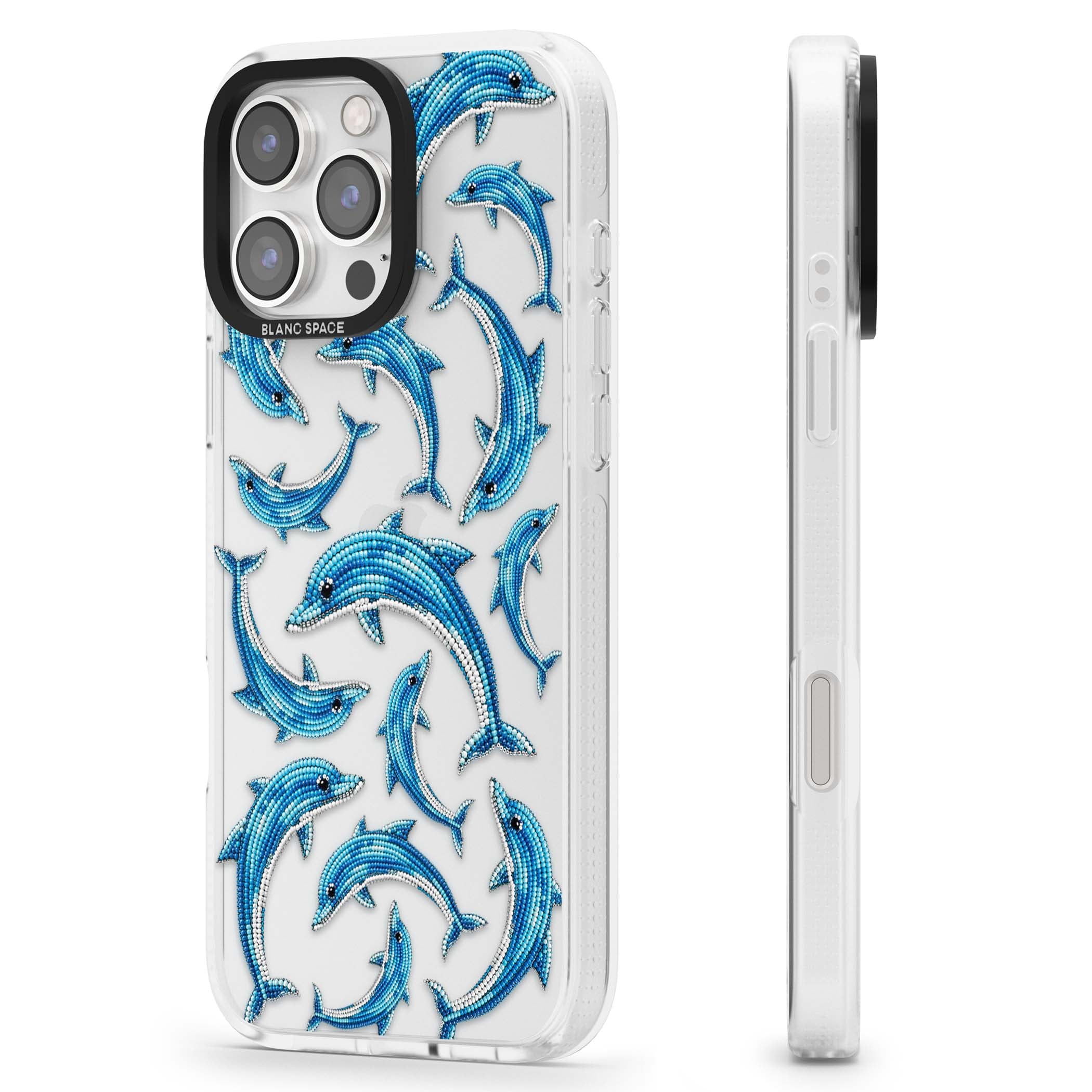 Beaded Dolphins coastal iPhone case featuring beaded dolphins in blue and white swimming across a clear background | Clear Case Impact Air case for iPhone 16 Pro, iPhone 16 Pro Max