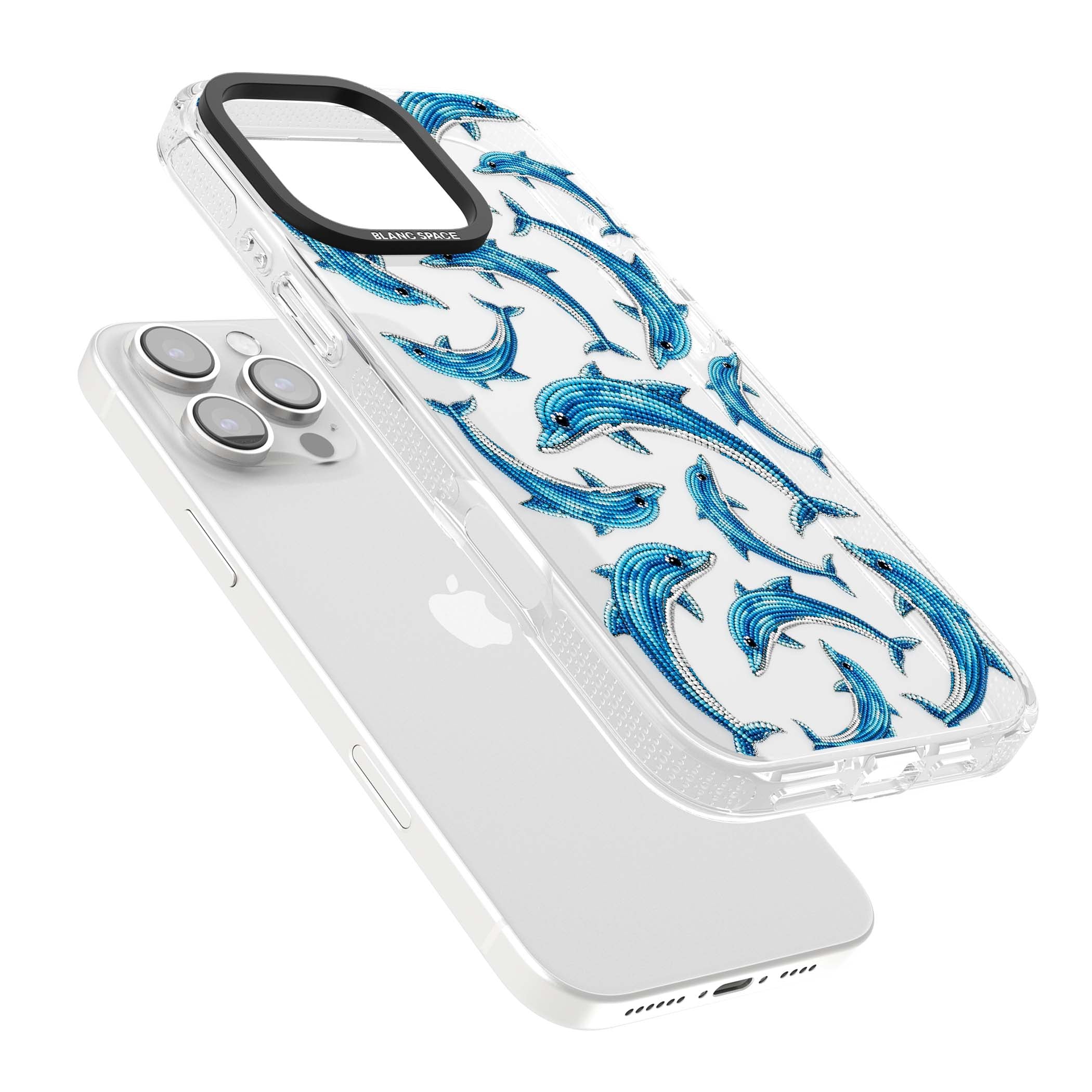 Beaded Dolphins coastal iPhone case featuring beaded dolphins in blue and white swimming across a clear background | Clear Case Impact Air case for iPhone 16 Pro, iPhone 16 Pro Max