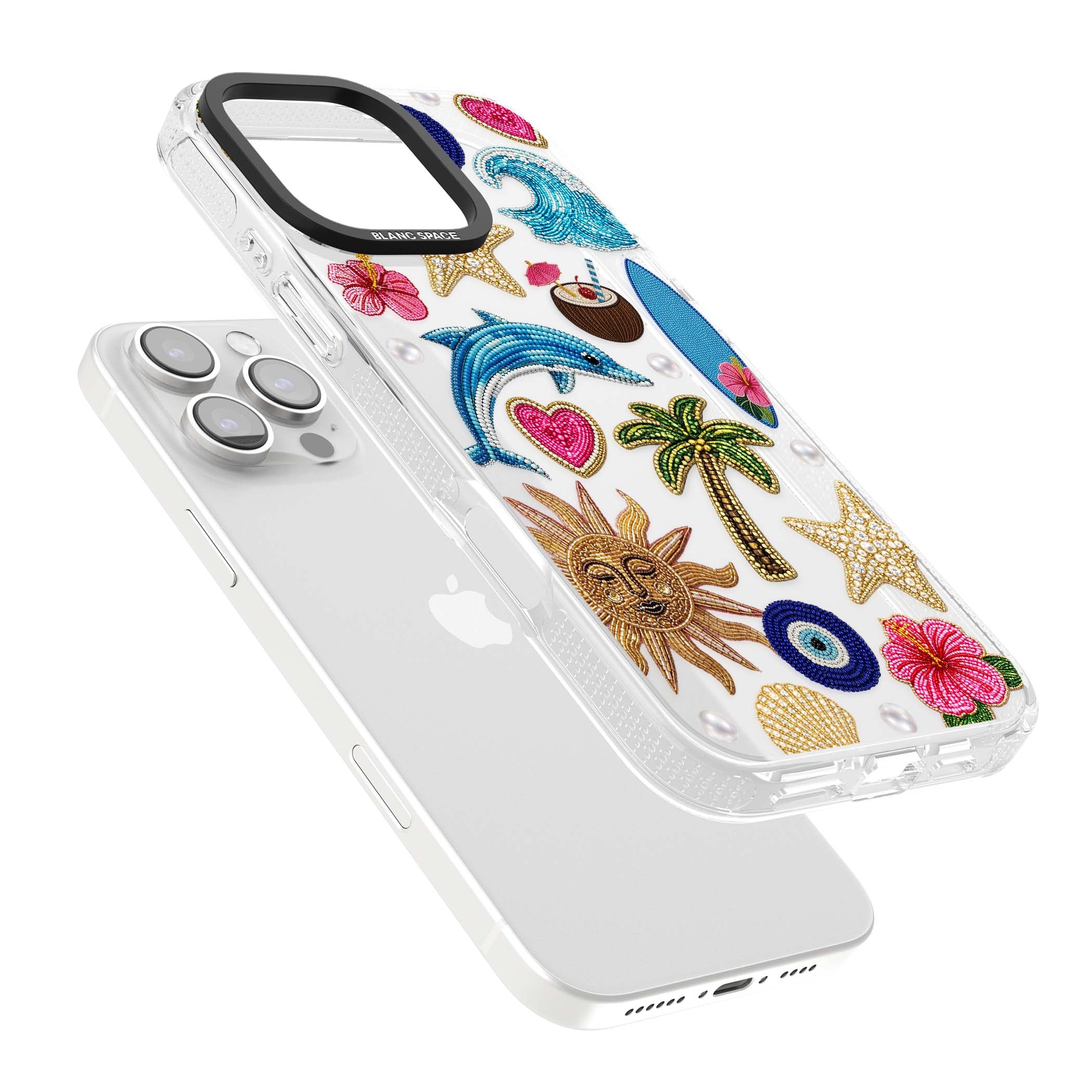 Beaded Beach coastal summer iPhone case featuring embroidered evil eye, hibiscus flowers, dolphin and palm tree patches | Clear Case Impact Air case for iPhone 16 Pro, iPhone 16 Pro Max
