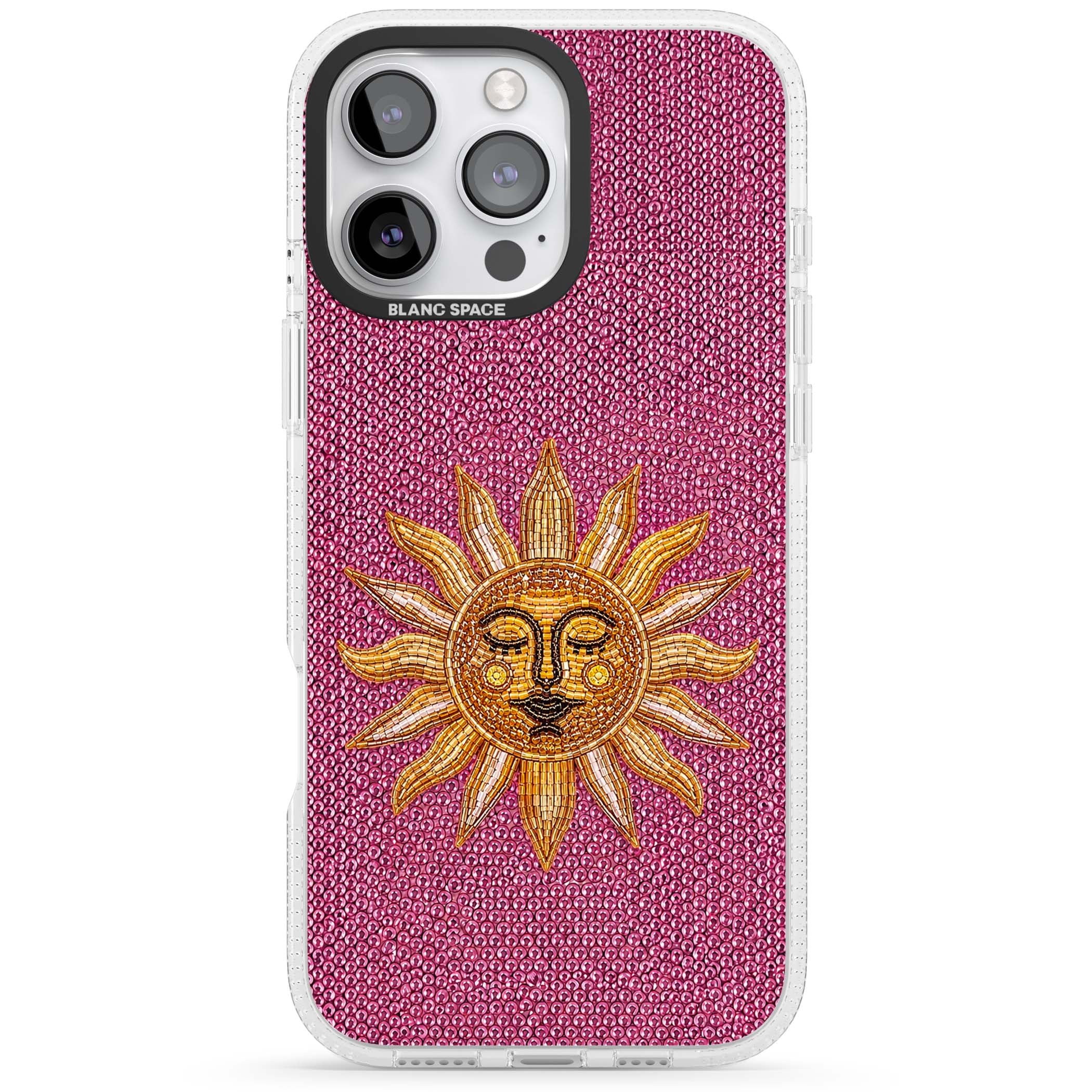 Beaded Sun celestial iPhone case featuring a golden beaded sun face with radiant rays on hot pink beaded background | Clear Case Impact Air case for iPhone 16 Pro, iPhone 16 Pro Max