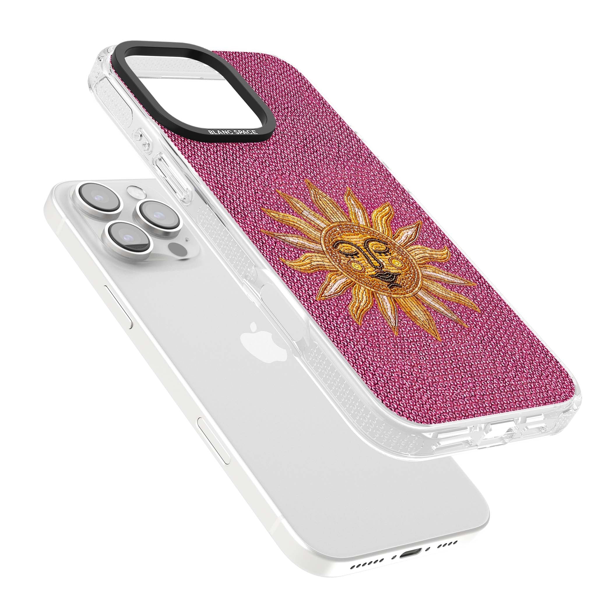 Beaded Sun celestial iPhone case featuring a golden beaded sun face with radiant rays on hot pink beaded background | Clear Case Impact Air case for iPhone 16 Pro, iPhone 16 Pro Max