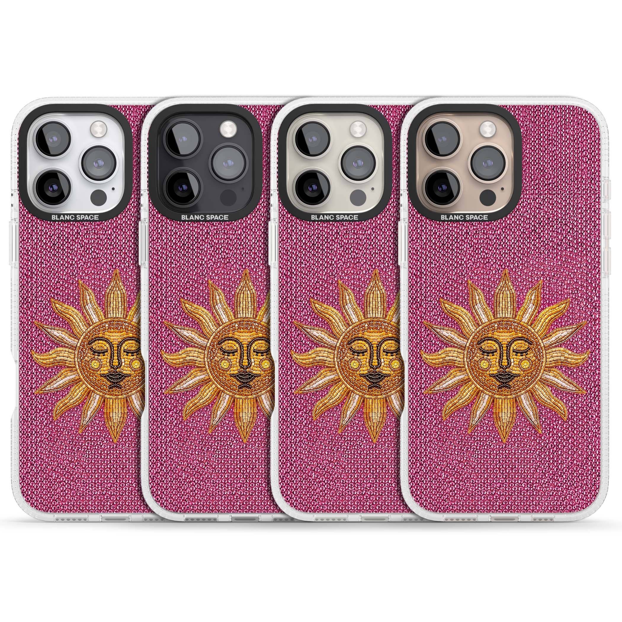 Beaded Sun celestial iPhone case featuring a golden beaded sun face with radiant rays on hot pink beaded background | Clear Case Impact Air case for iPhone 16 Pro, iPhone 16 Pro Max