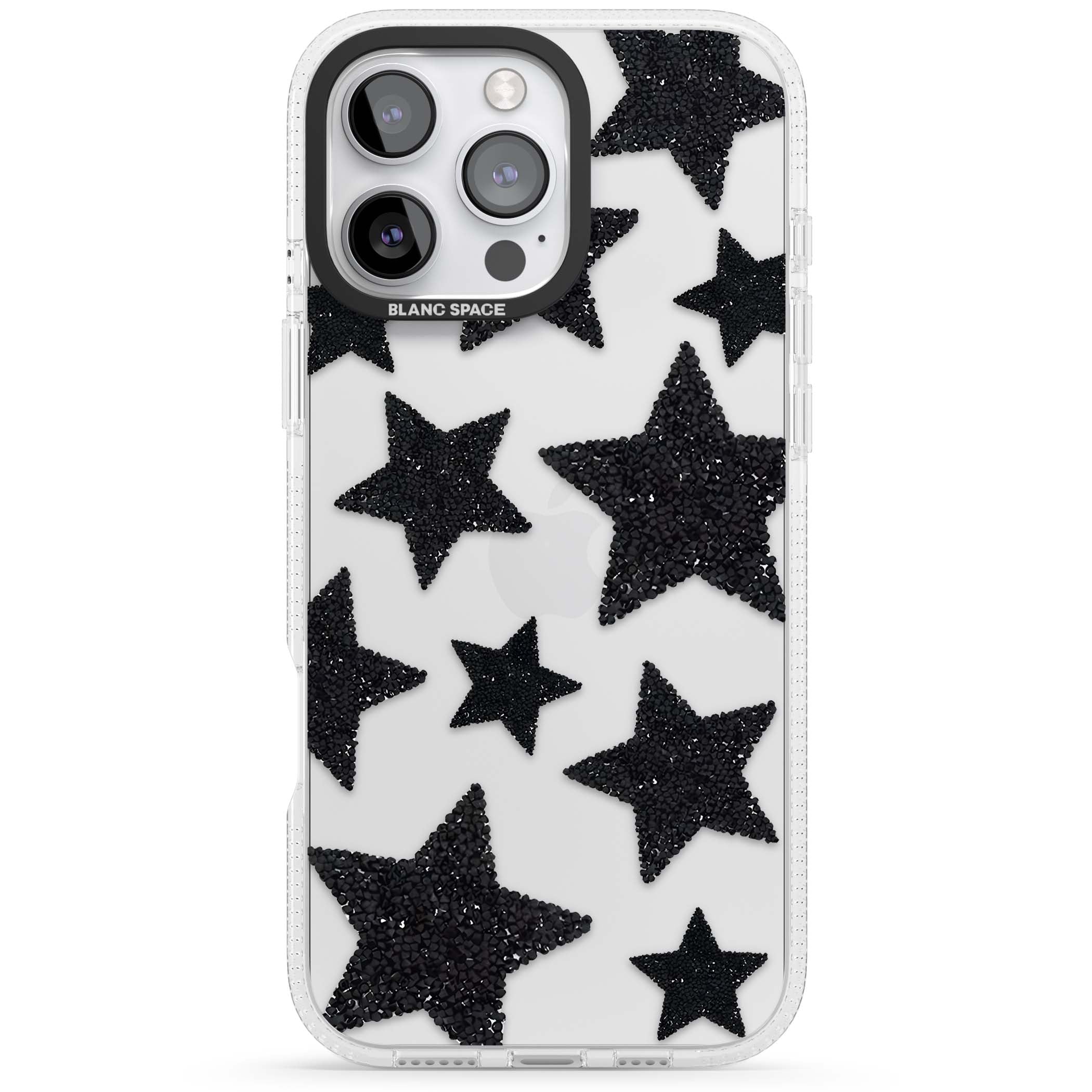 Beaded Black Stars celestial iPhone case featuring black glitter beaded stars scattered on a clear background | Clear Case Impact Air case for iPhone 16 Pro, iPhone 16 Pro Max