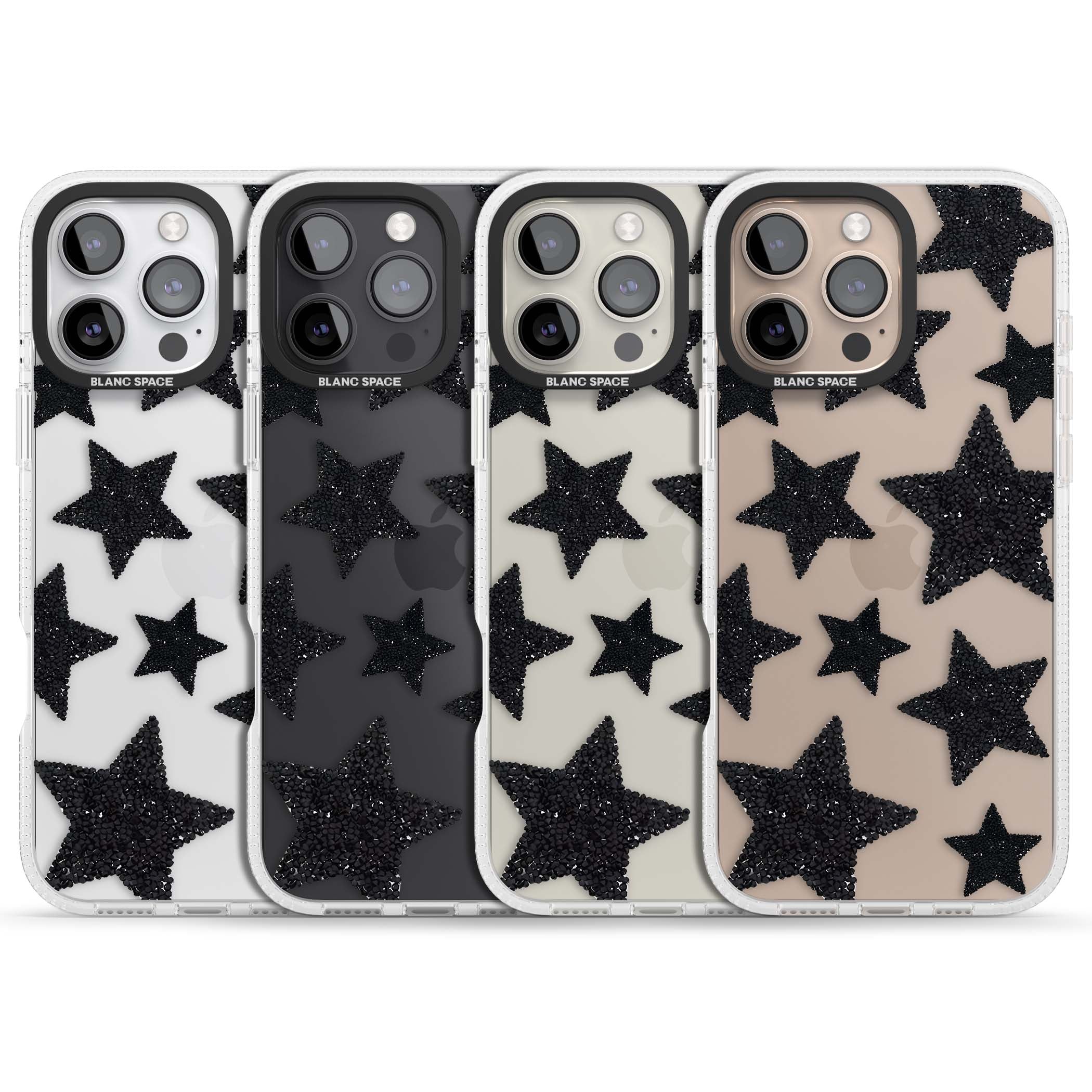 Beaded Black Stars celestial iPhone case featuring black glitter beaded stars scattered on a clear background | Clear Case Impact Air case for iPhone 16 Pro, iPhone 16 Pro Max
