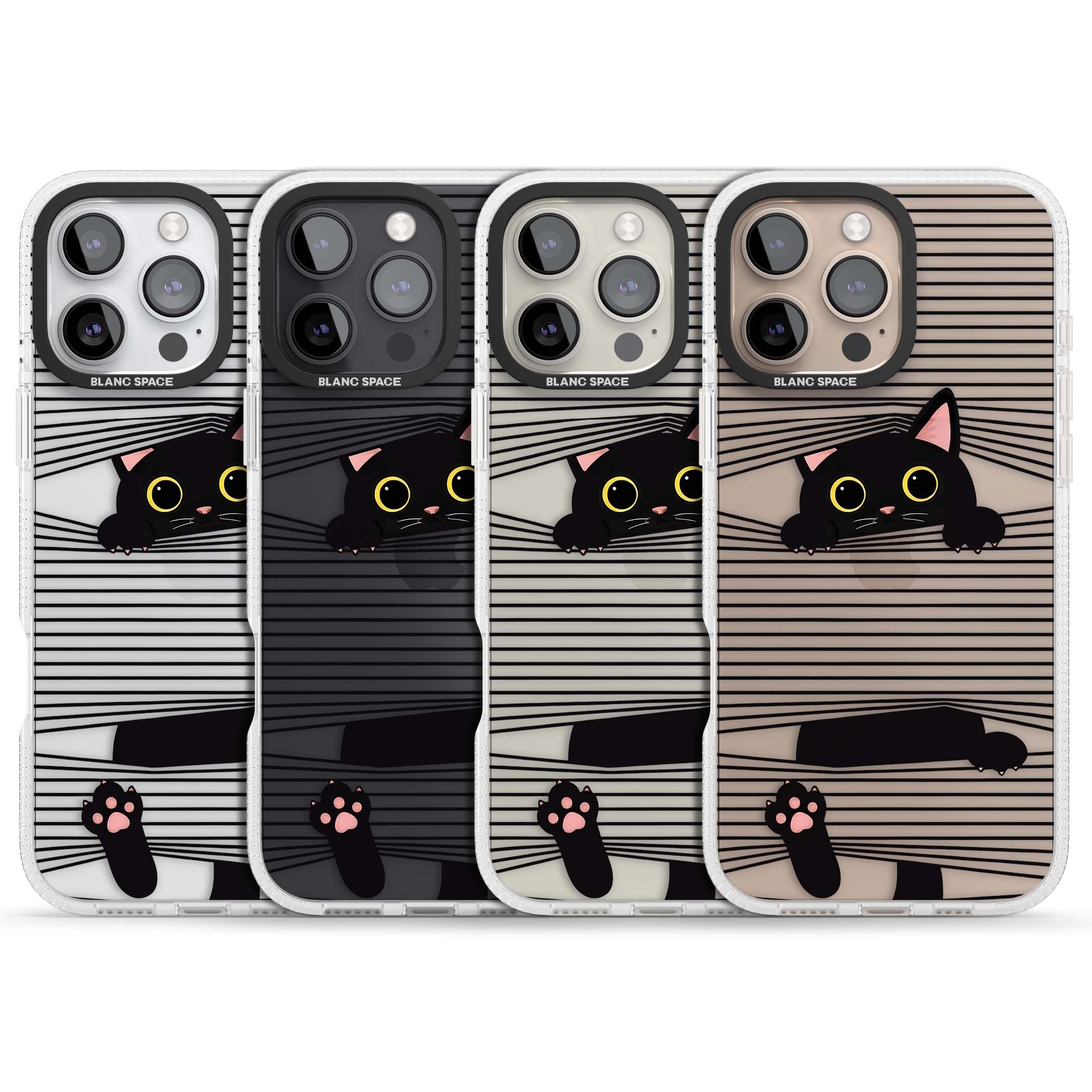 Peek-a-Boo Cat minimal iPhone case featuring black cat peeking through horizontal black and white stripes | Clear Case Impact Air case for iPhone 16 Pro, iPhone 16 Pro Max