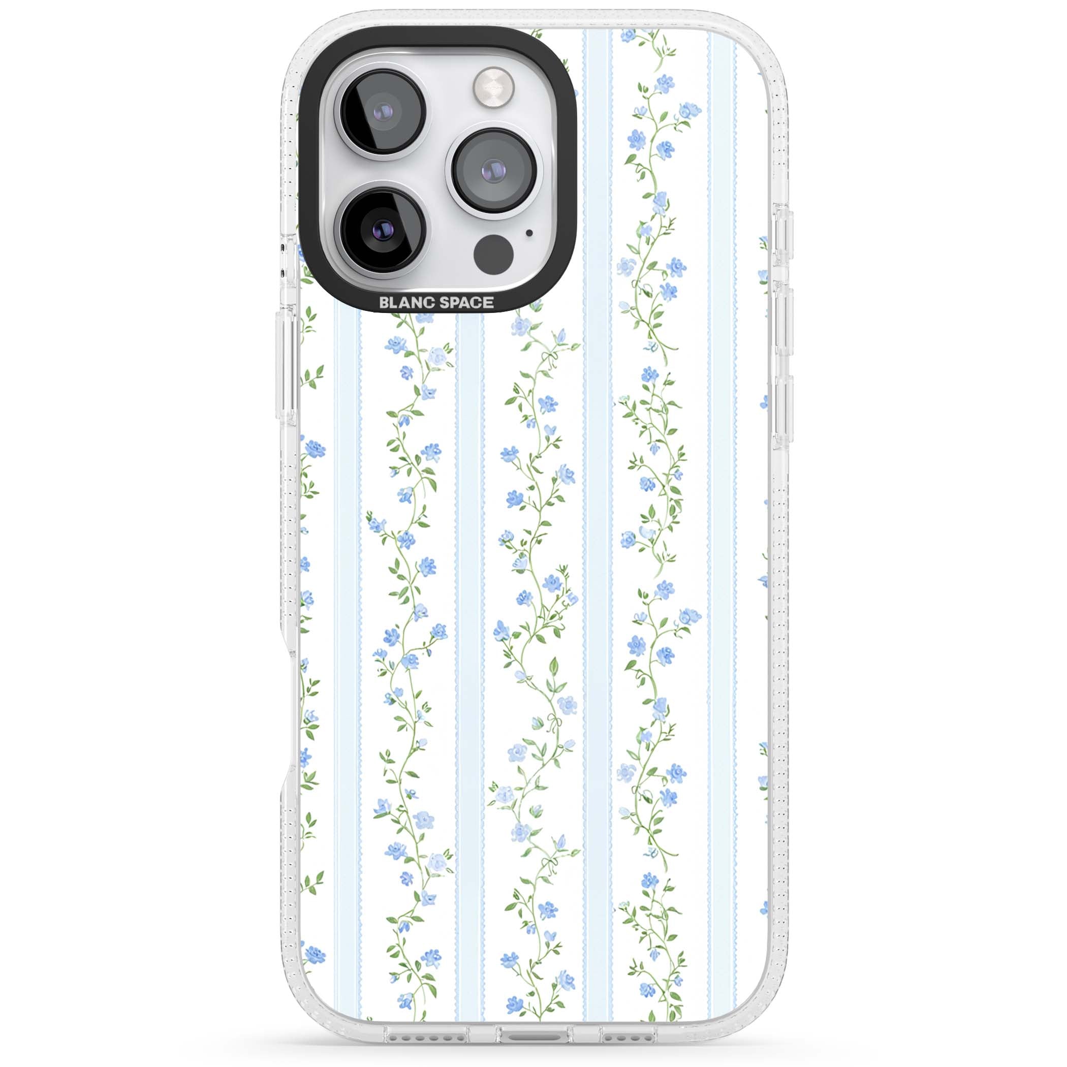Bluebell Vine cottagecore iPhone case featuring climbing blue roses, trailing green vines, and pale ticking stripes | Clear Case Impact Air case for iPhone 16 Pro, iPhone 16 Pro Max