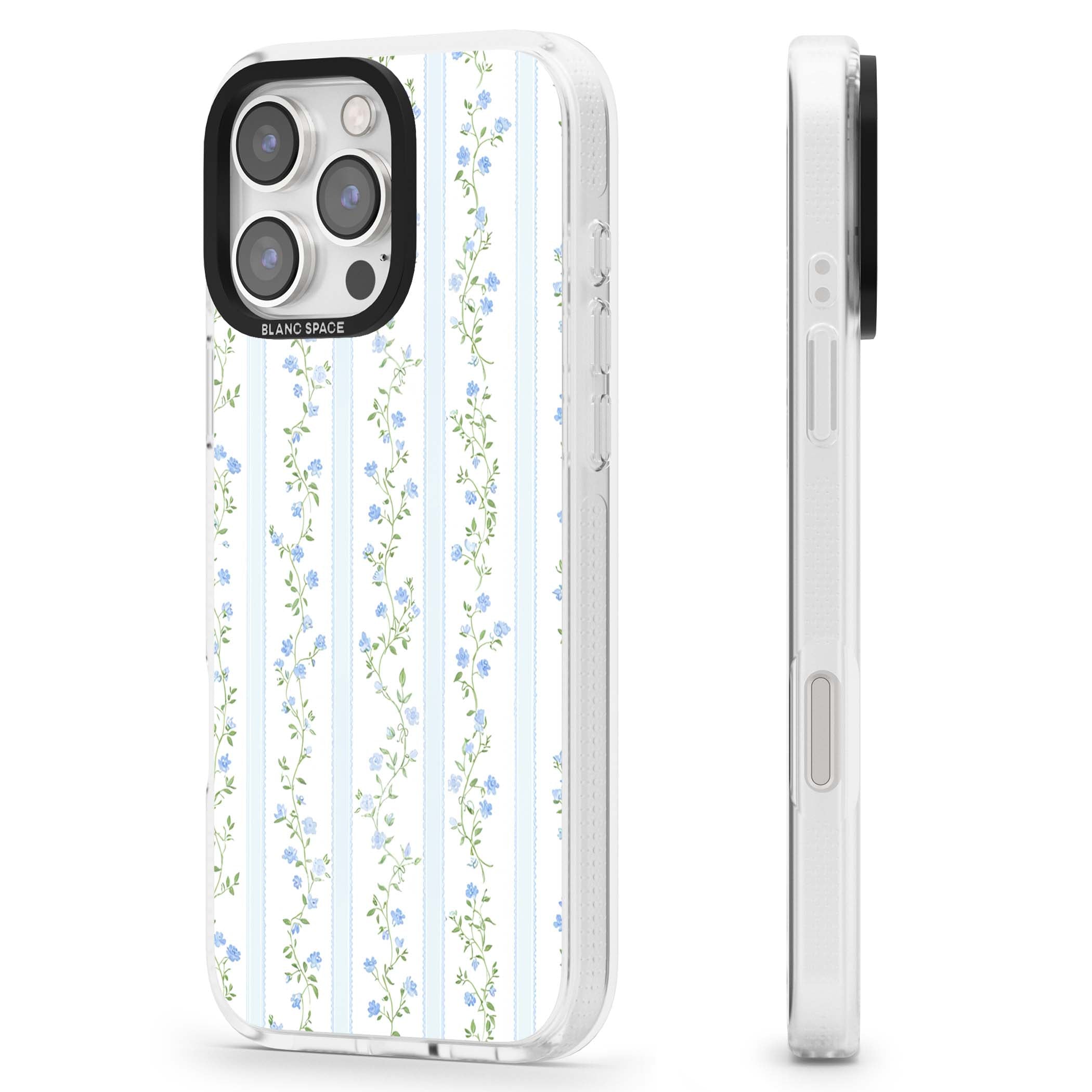 Bluebell Vine cottagecore iPhone case featuring climbing blue roses, trailing green vines, and pale ticking stripes | Clear Case Impact Air case for iPhone 16 Pro, iPhone 16 Pro Max