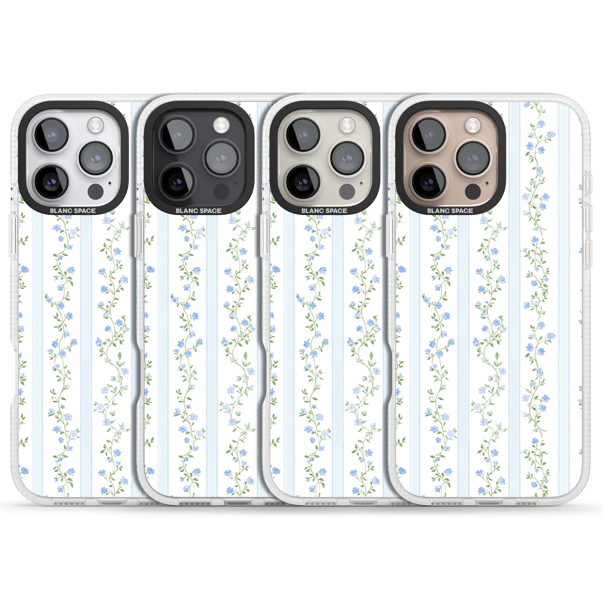 Bluebell Vine cottagecore iPhone case featuring climbing blue roses, trailing green vines, and pale ticking stripes | Clear Case Impact Air case for iPhone 16 Pro, iPhone 16 Pro Max