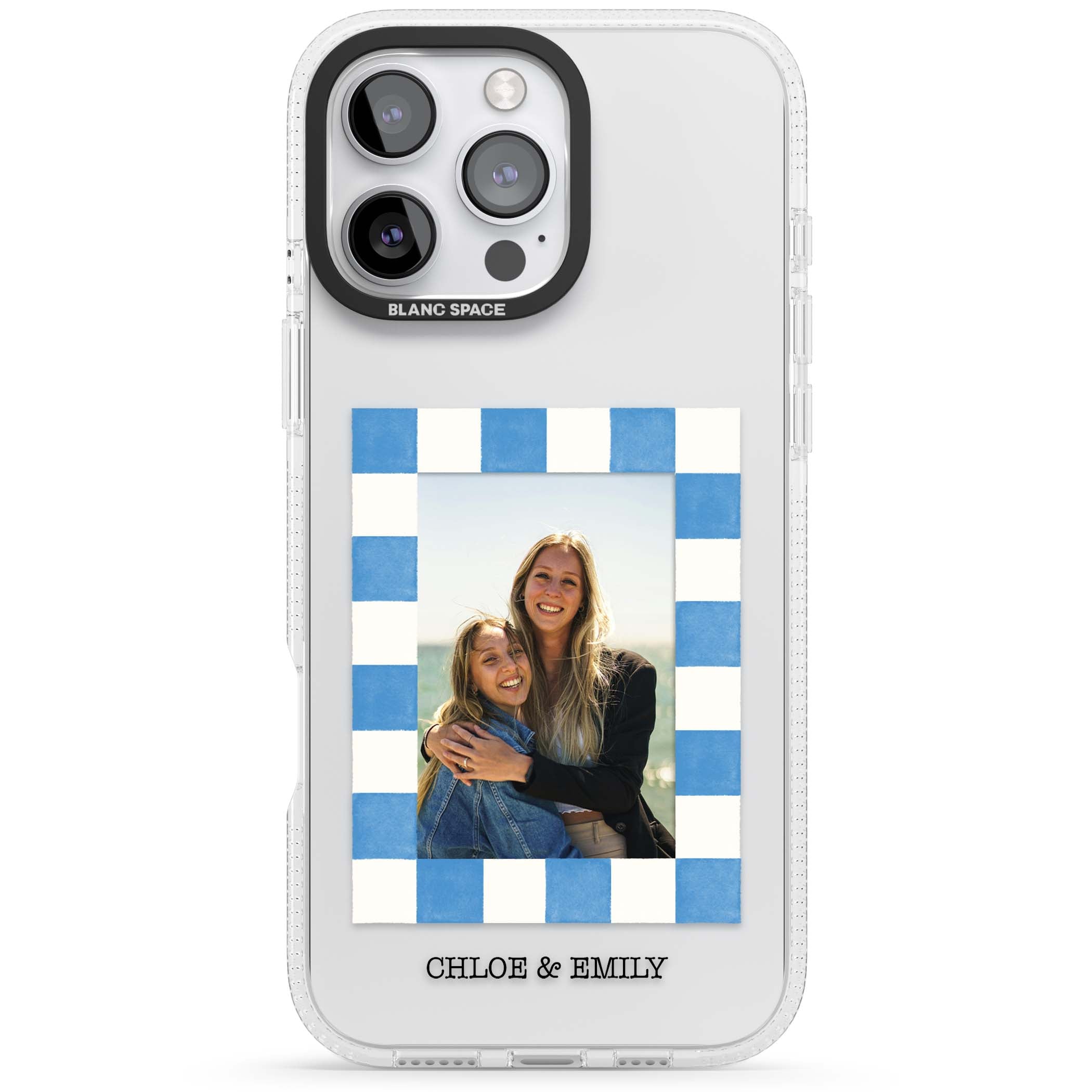 Blue Check Photo personalised photo iPhone case with blue checkered frame and custom couple names | Clear Case Impact Air case for iPhone 16 Pro, iPhone 16 Pro Max