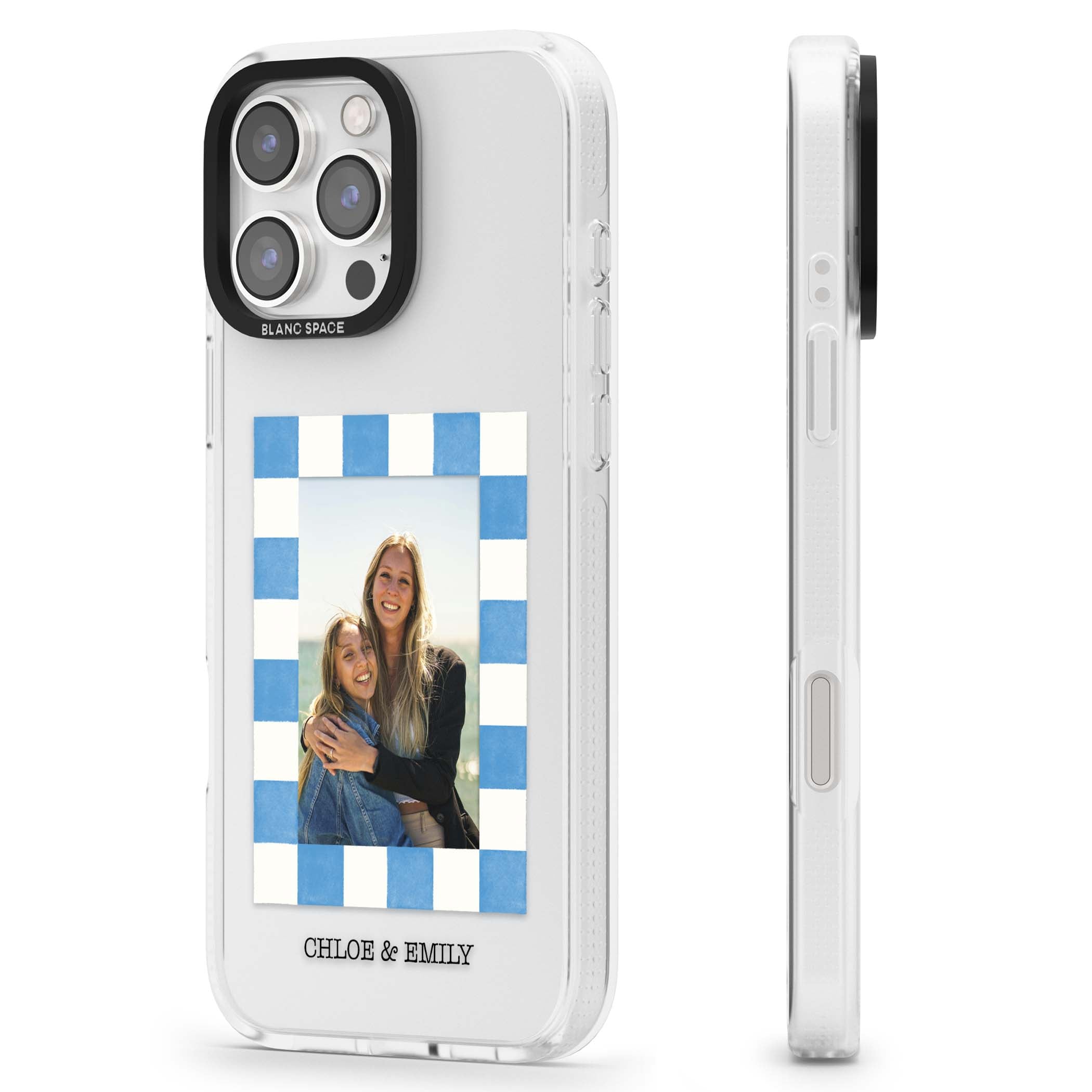 Blue Check Photo personalised photo iPhone case with blue checkered frame and custom couple names | Clear Case Impact Air case for iPhone 16 Pro, iPhone 16 Pro Max