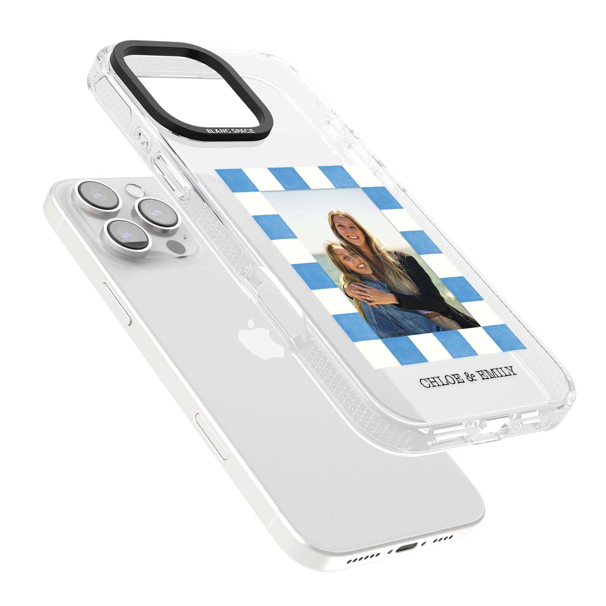 Blue Check Photo personalised photo iPhone case with blue checkered frame and custom couple names | Clear Case Impact Air case for iPhone 16 Pro, iPhone 16 Pro Max