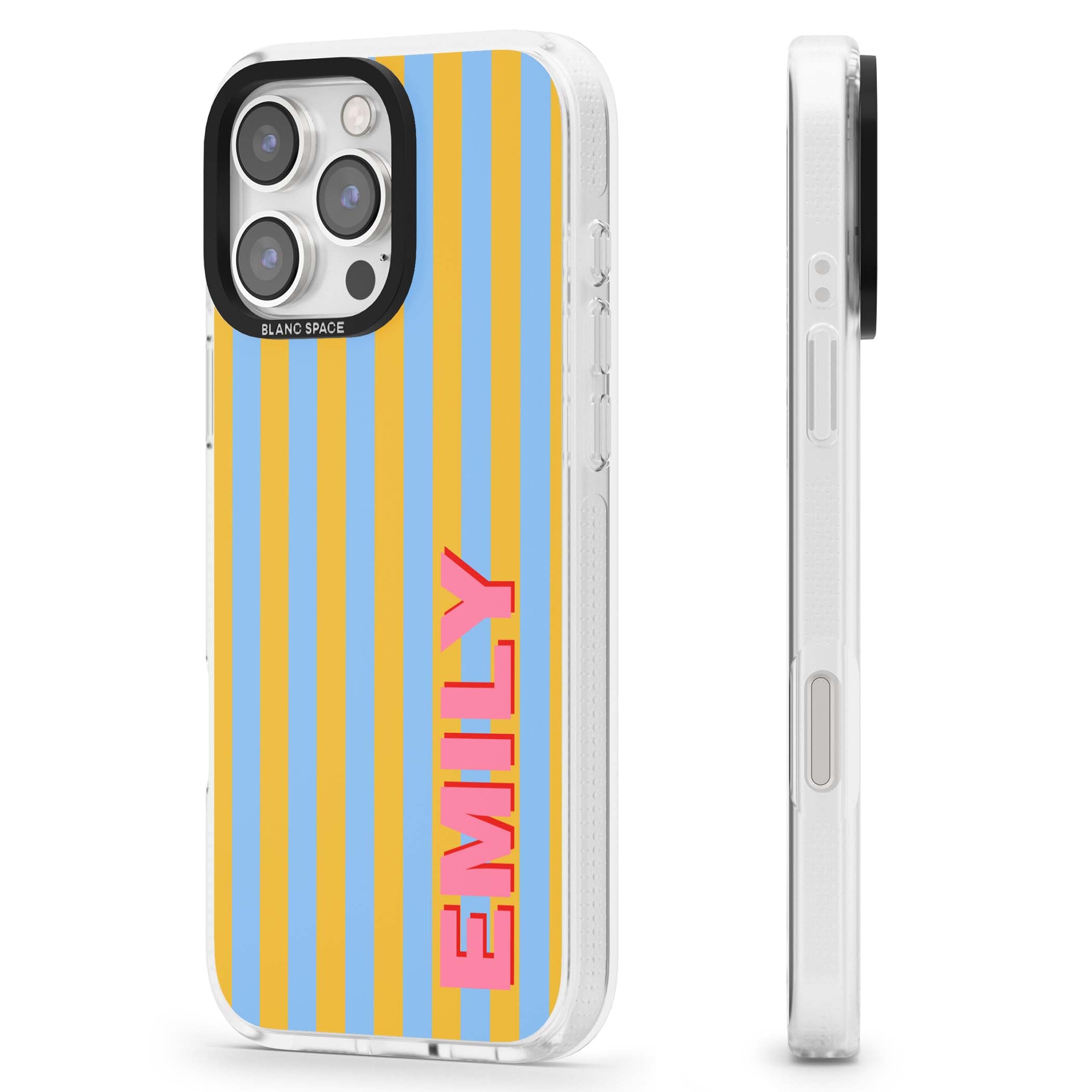 Carribean Stripe personalised coastal iPhone case with yellow and blue vertical stripes and a custom pink name | Clear Case Impact Air case for iPhone 16 Pro, iPhone 16 Pro Max