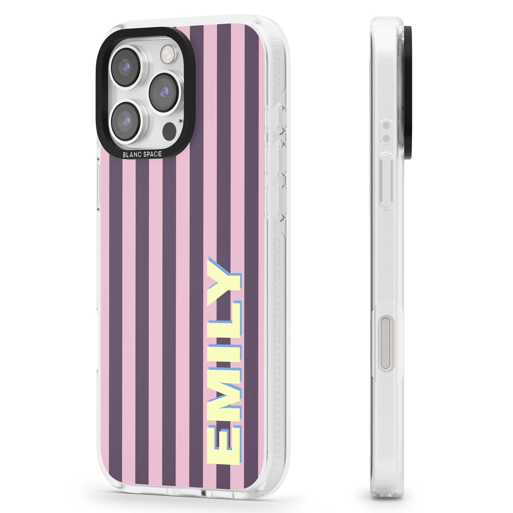 Tyre Stripe personalised stripe iPhone case with plum and pink vertical stripes and custom yellow name | Clear Case Impact Air case for iPhone 16 Pro, iPhone 16 Pro Max