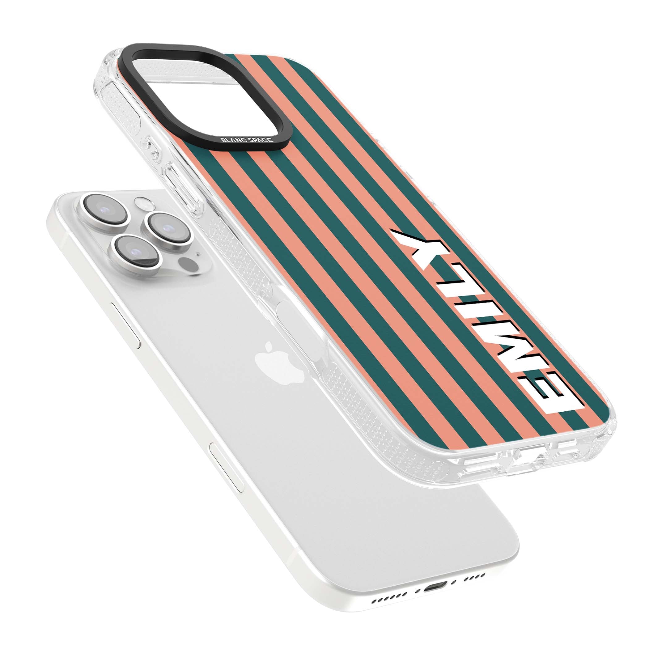 Tuscan Stripe personalised iPhone case featuring coral and green vertical stripes with bold custom name | Clear Case Impact Air case for iPhone 16 Pro, iPhone 16 Pro Max