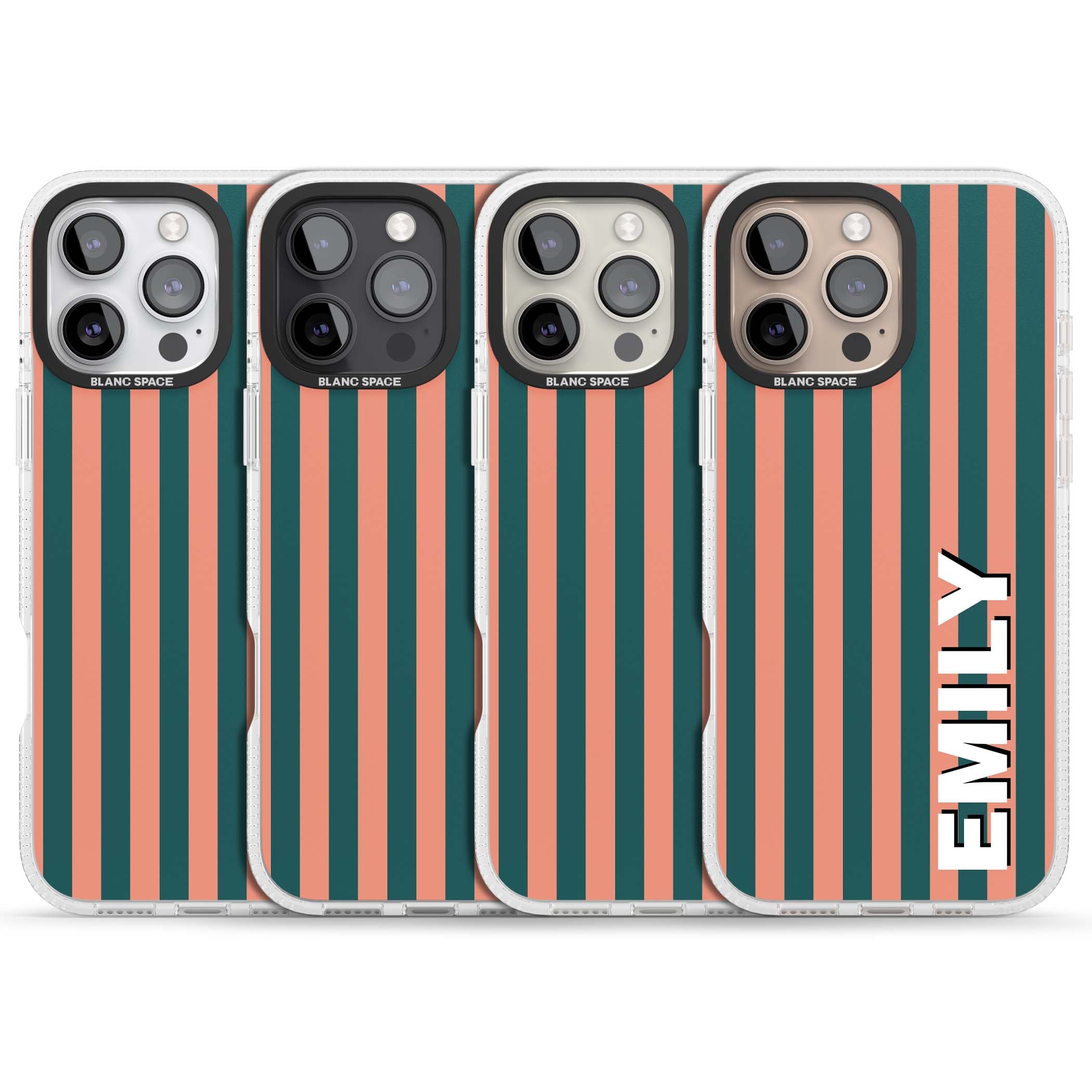 Tuscan Stripe personalised iPhone case featuring coral and green vertical stripes with bold custom name | Clear Case Impact Air case for iPhone 16 Pro, iPhone 16 Pro Max