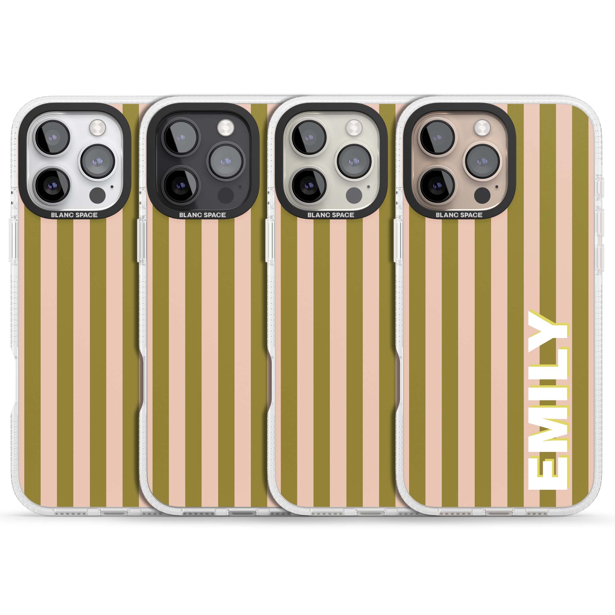 Indian Stripe personalised iPhone case featuring olive green and blush pink vertical stripes with custom name in whit | Clear Case Impact Air case for iPhone 16 Pro, iPhone 16 Pro Max