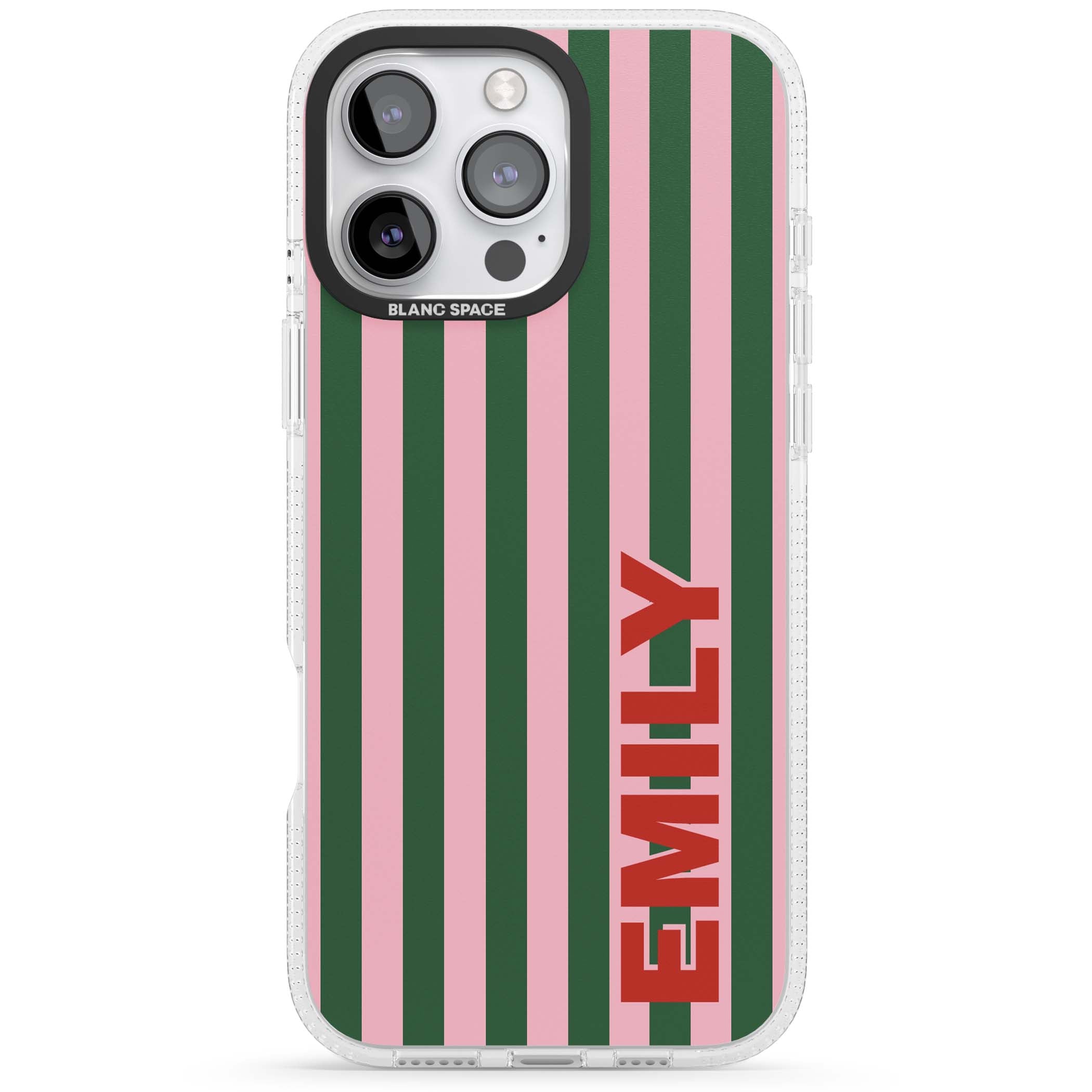 Italian Stripe preppy iPhone case featuring pink and green vertical stripes with personalised red name | Clear Case Impact Air case for iPhone 16 Pro, iPhone 16 Pro Max