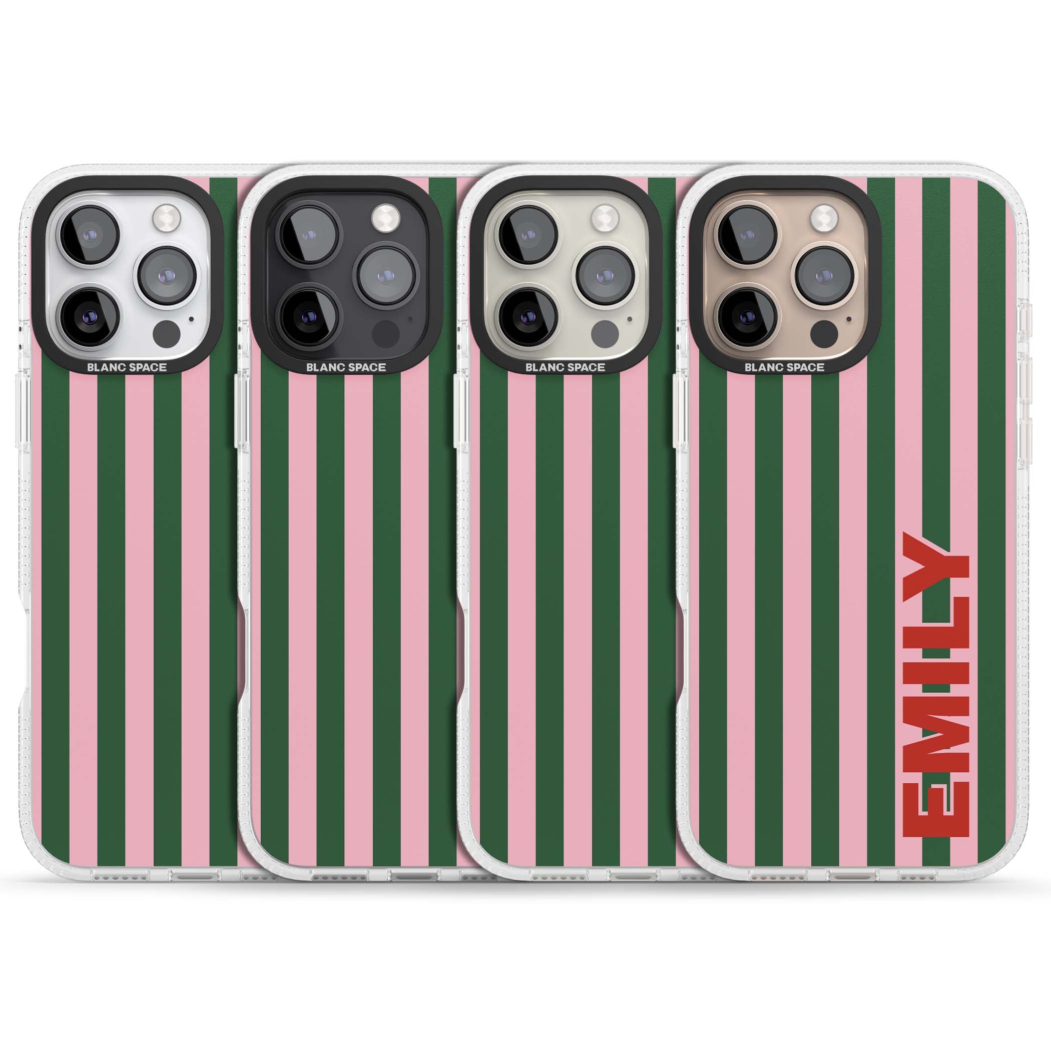 Italian Stripe preppy iPhone case featuring pink and green vertical stripes with personalised red name | Clear Case Impact Air case for iPhone 16 Pro, iPhone 16 Pro Max