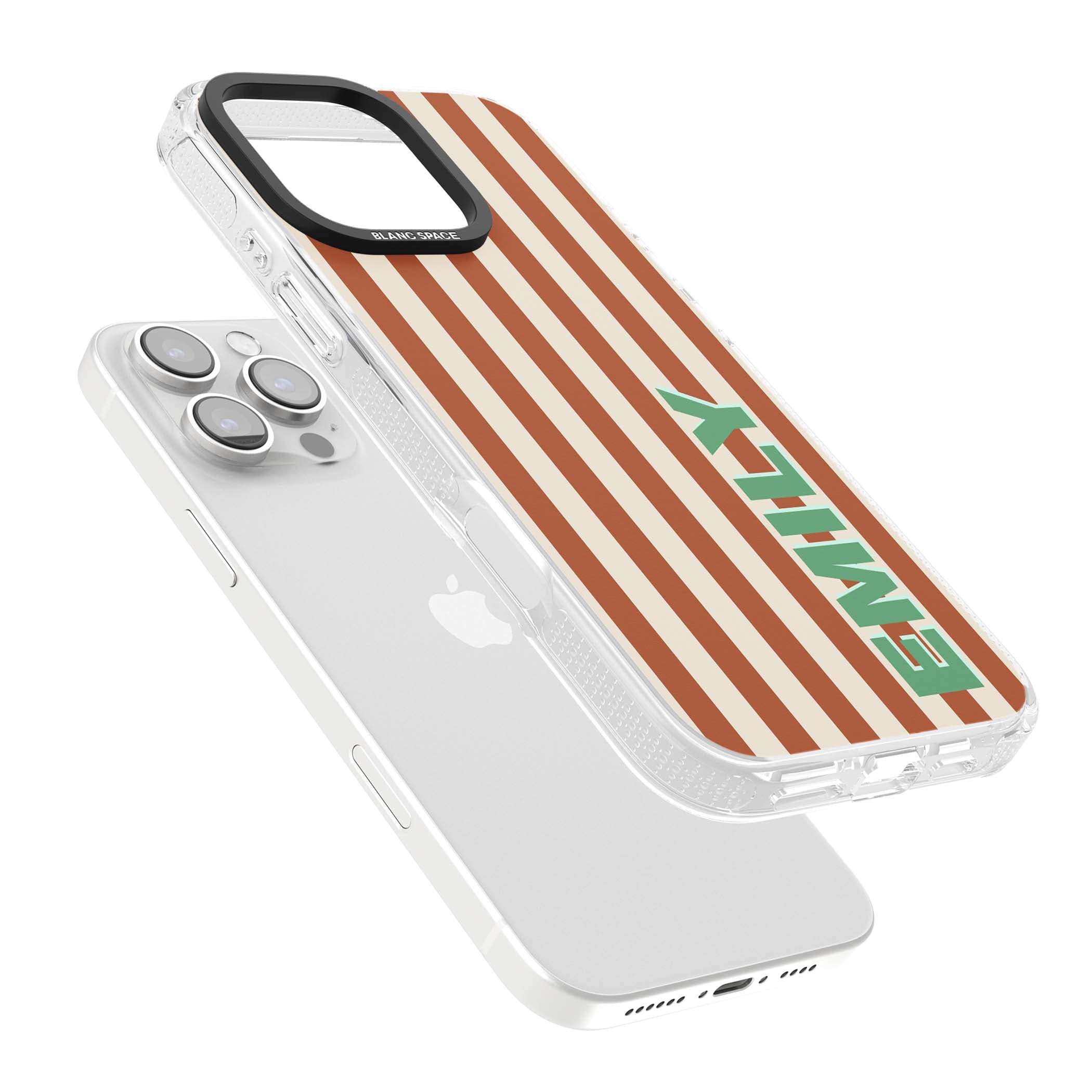 Dune Stripe personalised iPhone case with rust and cream vertical stripes and custom name in mint green | Clear Case Impact Air case for iPhone 16 Pro, iPhone 16 Pro Max