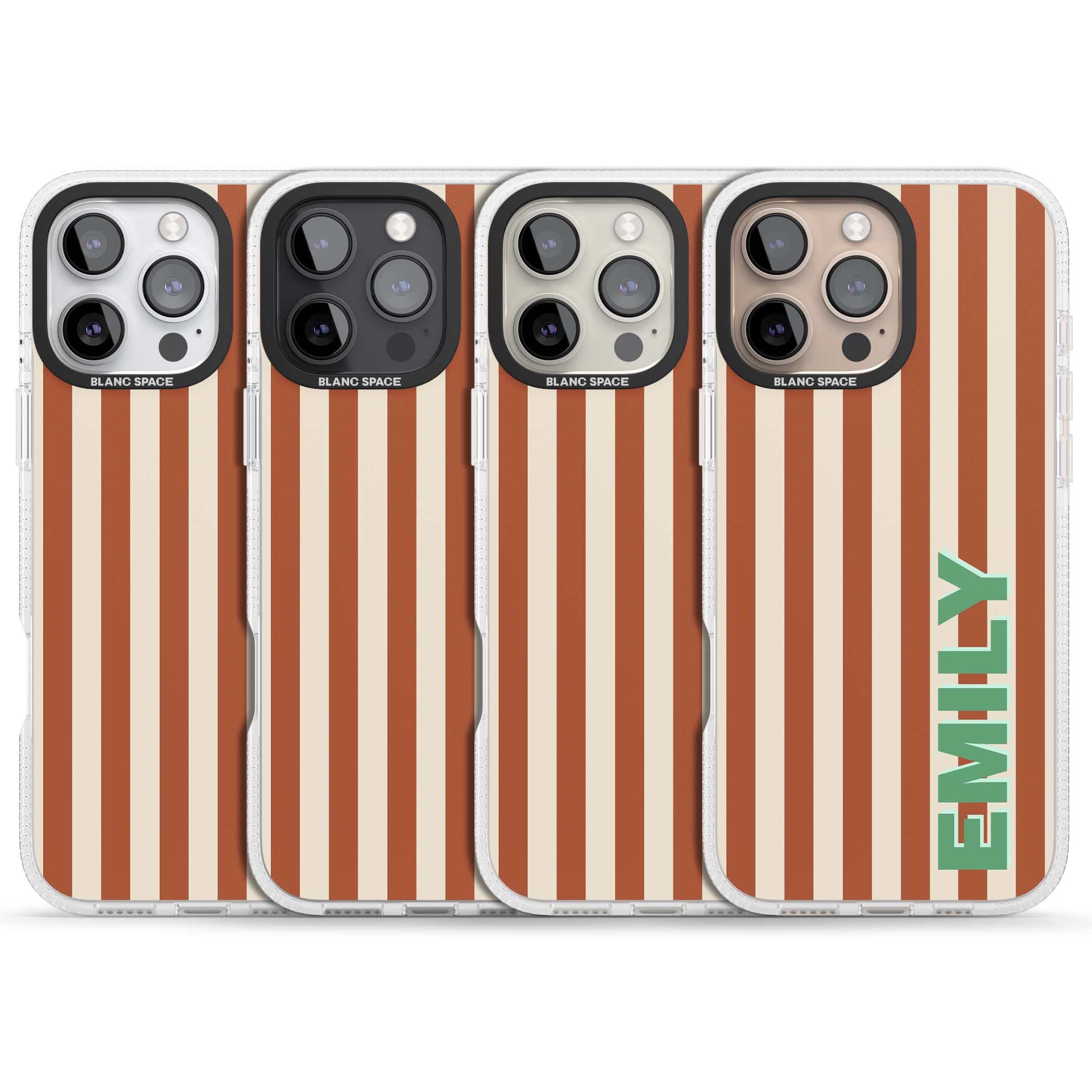 Dune Stripe personalised iPhone case with rust and cream vertical stripes and custom name in mint green | Clear Case Impact Air case for iPhone 16 Pro, iPhone 16 Pro Max